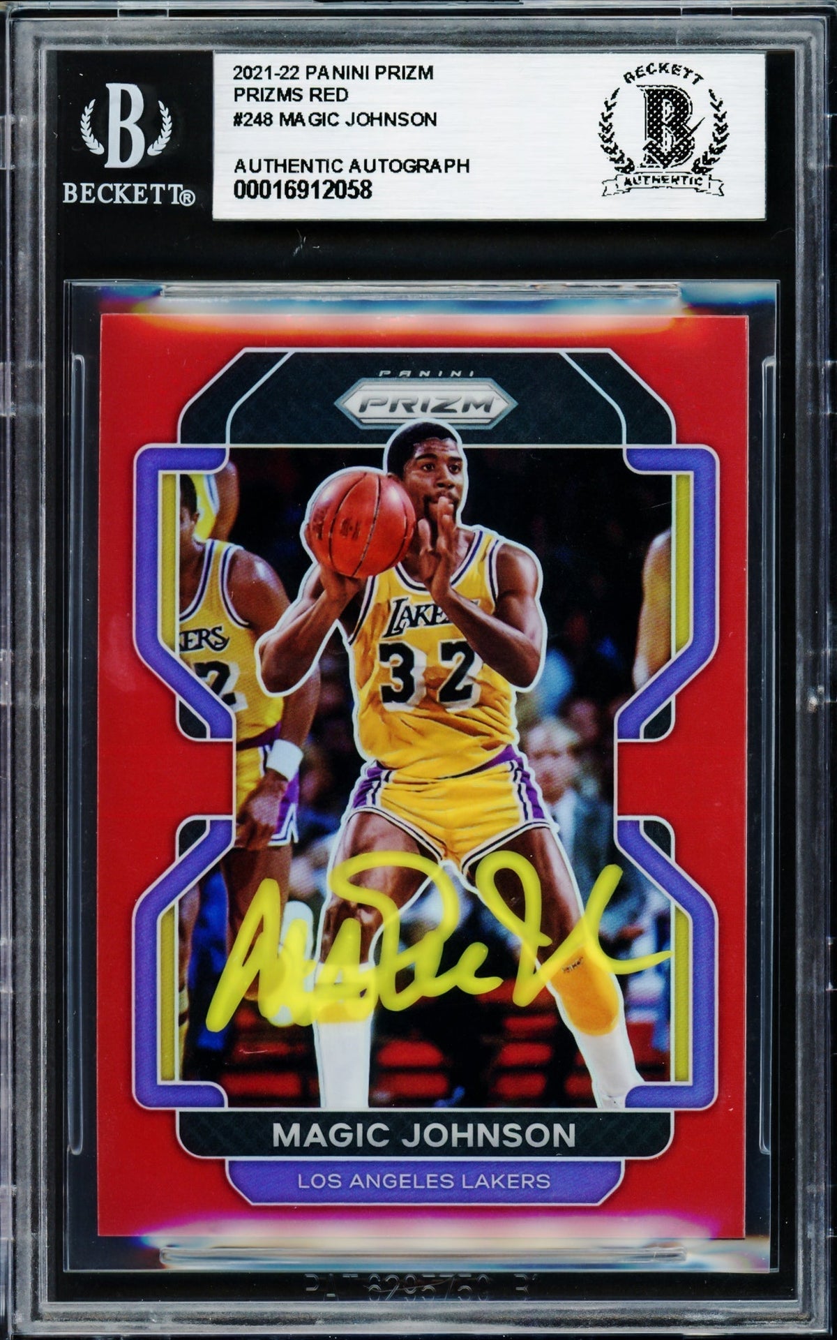 Magic Johnson Autographed 2021-22 Panini Prizm Prizms Red Card #248 Card Los Angeles Lakers #/299 Beckett Bas