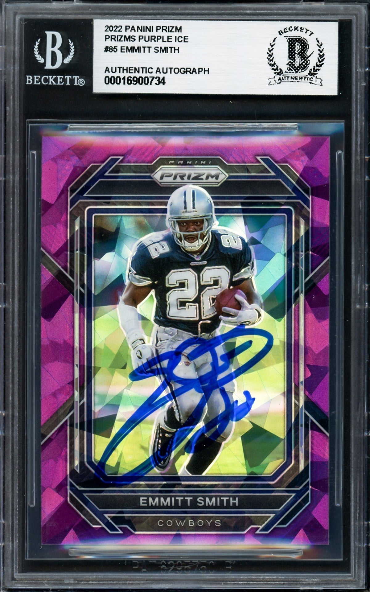 Emmitt Smith Autographed 2022 Panini Prizm Prizms Purple Ice Card #85 Card Dallas Cowboys #/225 Beckett Bas
