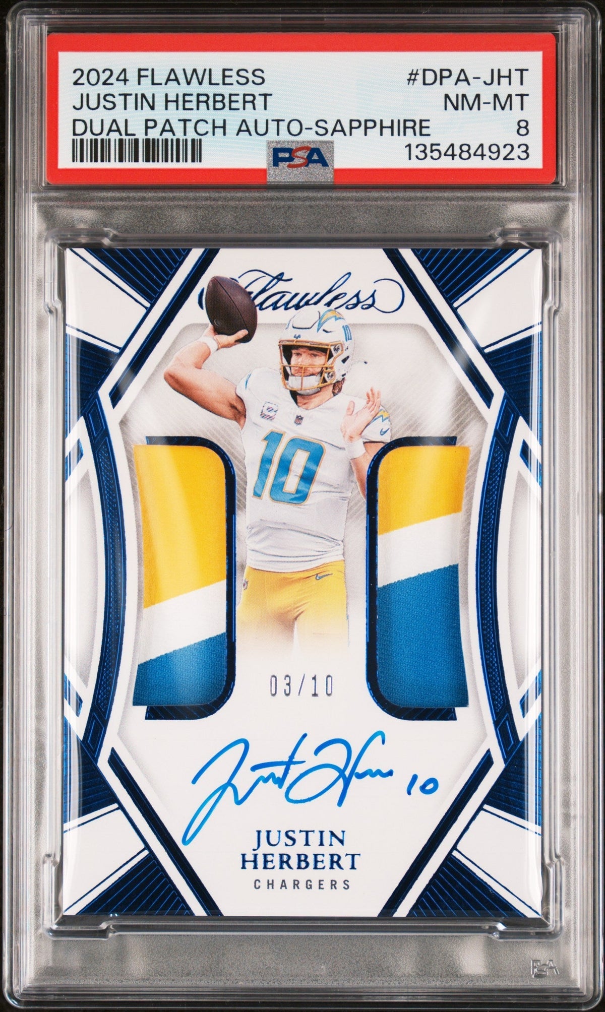 Football Panini 2024 Panini Flawless Dual Patch Autograph Sapphire Justin Herbert #Dpa-Jht /10 PSA 8