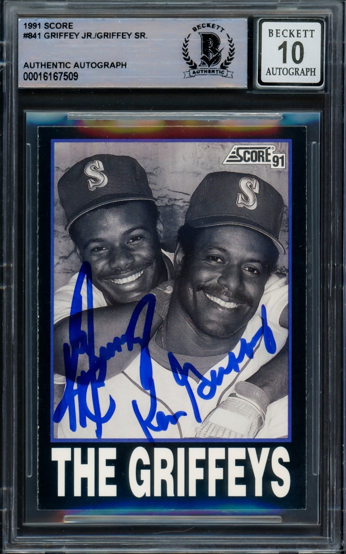 Ken Griffey Jr. & Sr. Autographed 1991 Score Card #841 Seattle Mariners Auto Grade Gem Mint 10 Beckett Bas Stock #220718