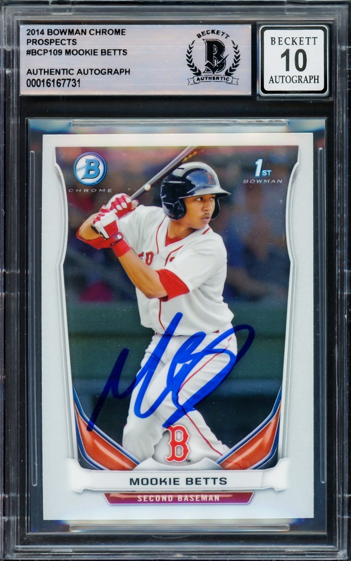Mookie Betts Autographed 2014 Bowman Chrome Prospects Rookie Card #Bcp109 Boston Red Sox Auto Grade Gem Mint 10 Beckett Bas Stock #220721