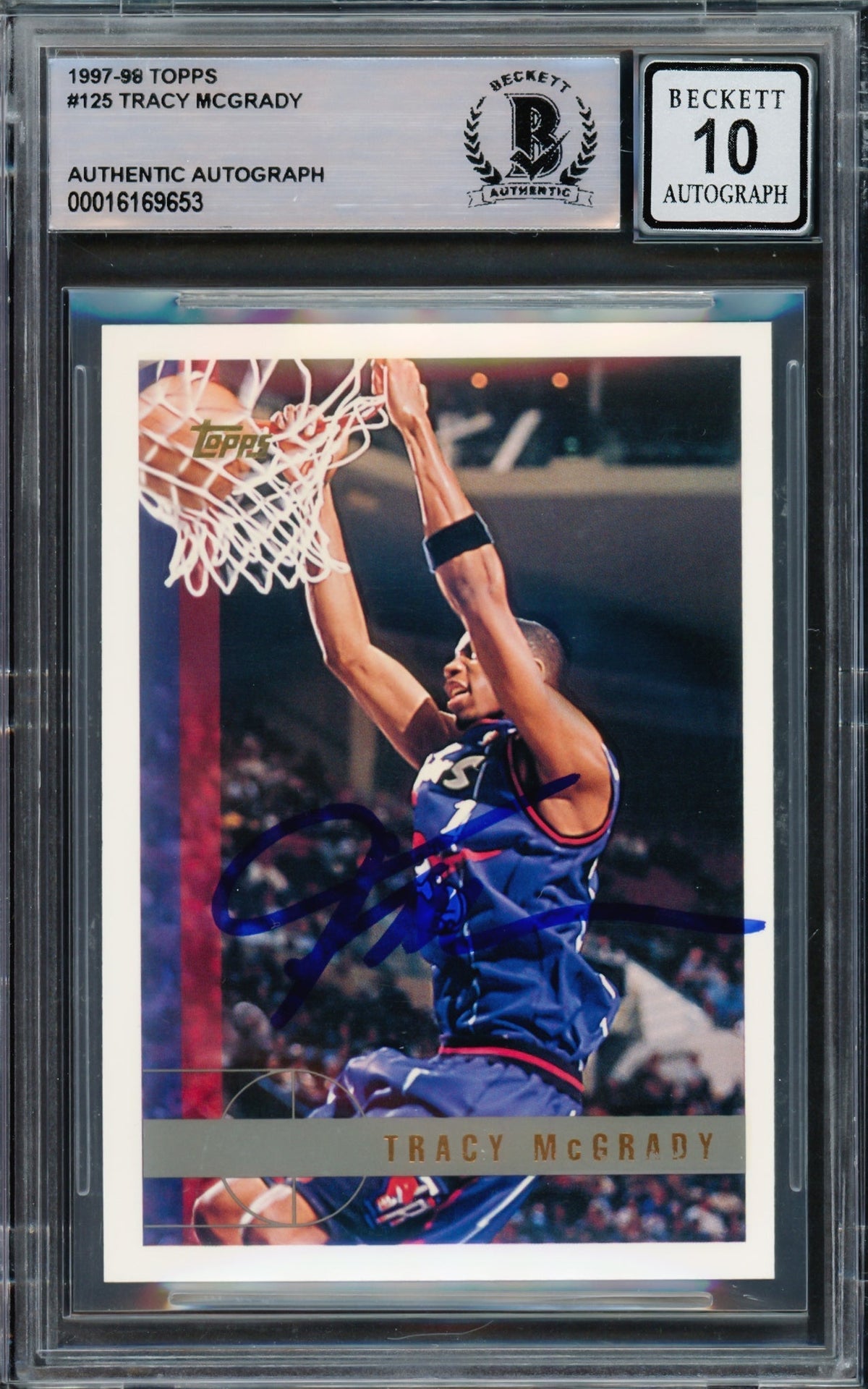 Tracy Mcgrady Autographed 1997-98 Topps Rookie Card #125 Toronto Raptors Auto Grade Gem Mint 10 Beckett Bas Stock #220737