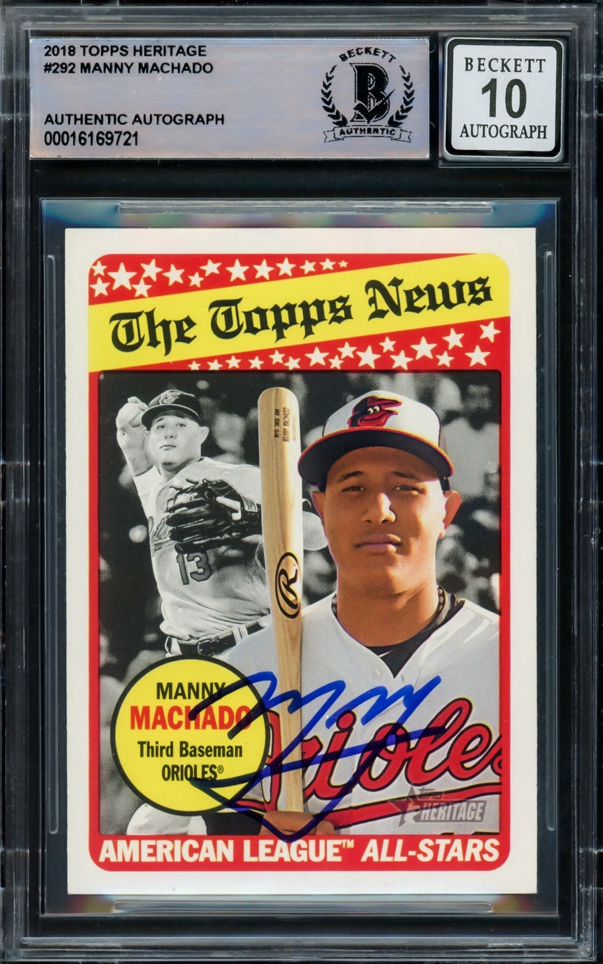 Manny Machado Autographed 2018 Topps Heritage Card #292 Baltimore Orioles Auto Grade Gem Mint 10 Beckett Bas Stock #220739