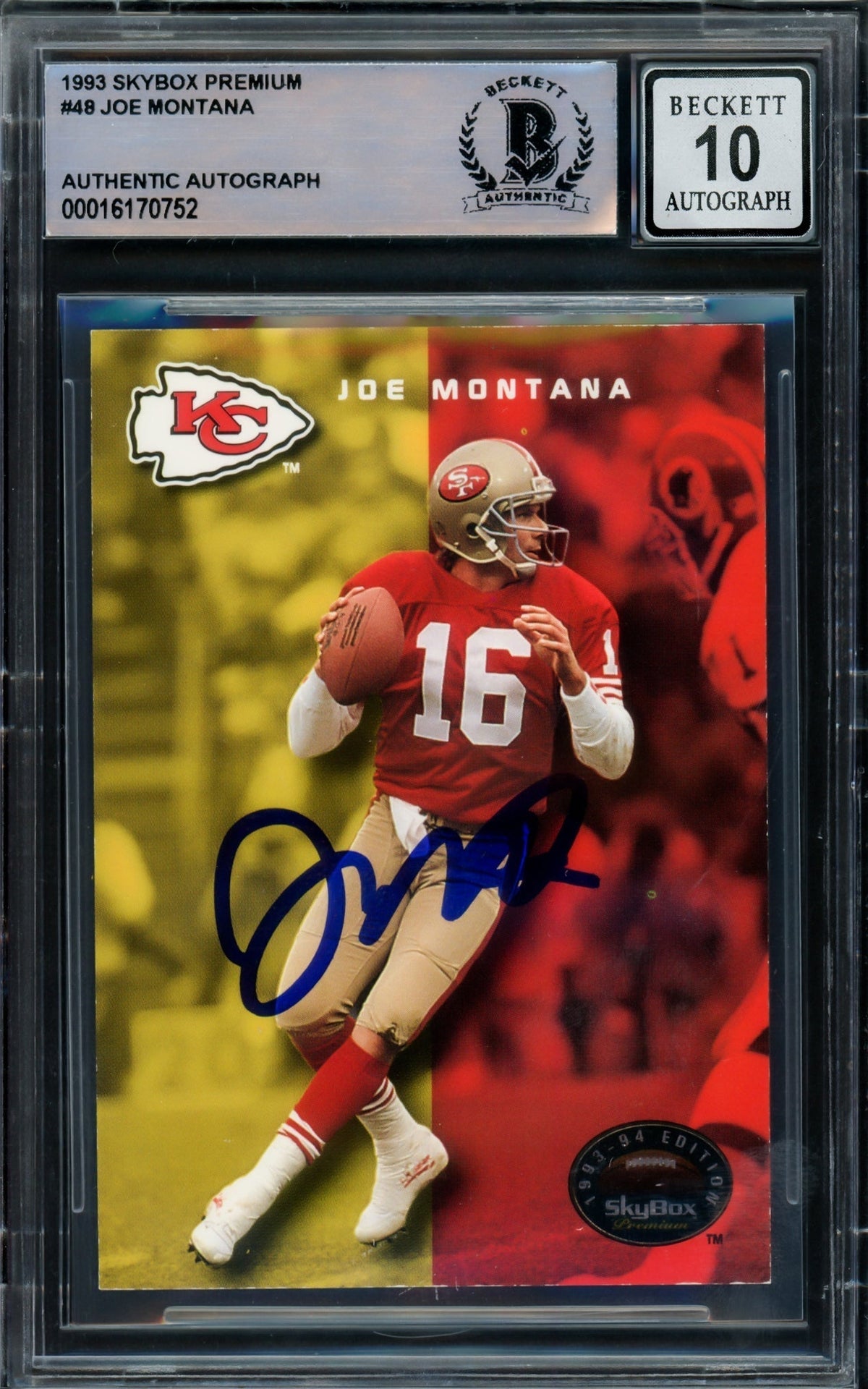 Joe Montana Autographed 1993 Skybox Premium Card #48 San Francisco 49Ers Auto Grade Gem Mint 10 Beckett Bas Stock #220763