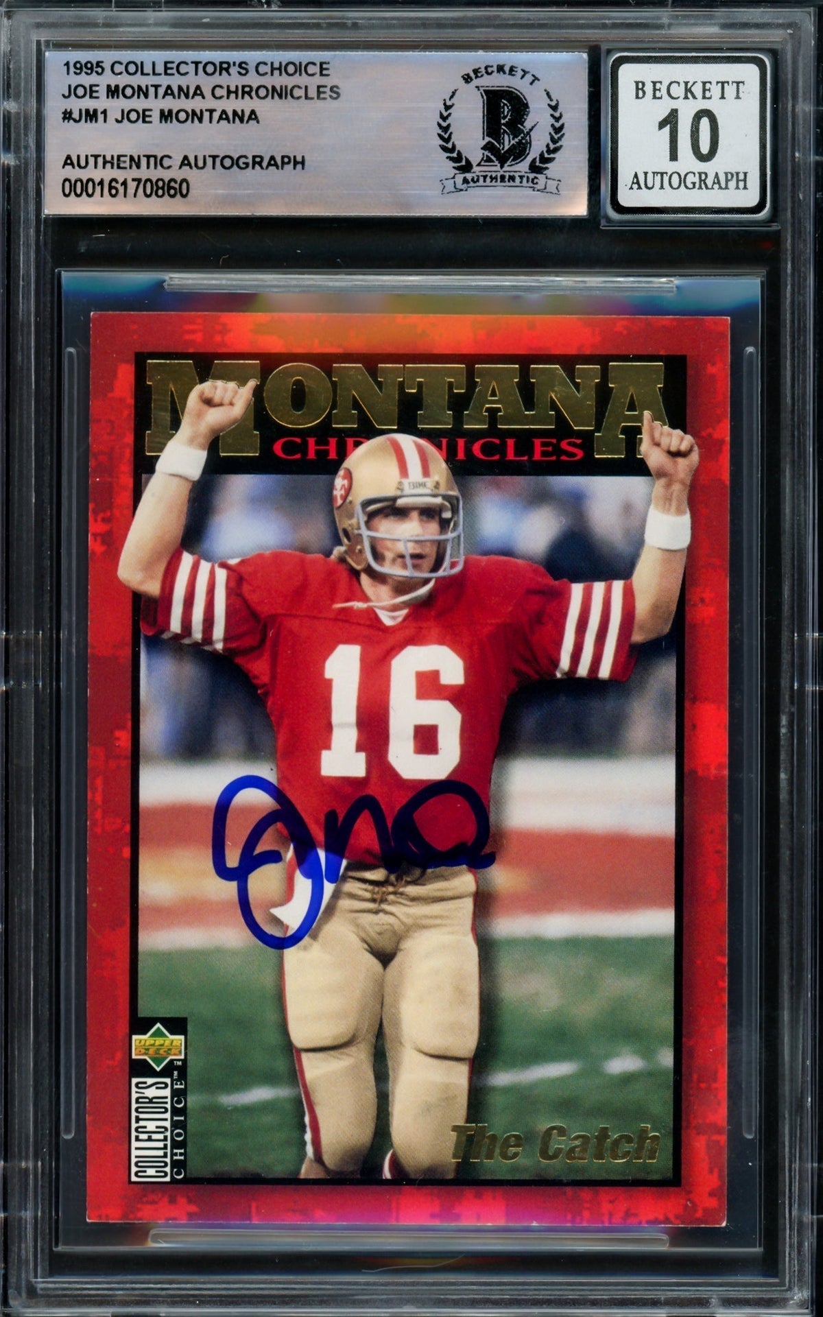 Joe Montana Autographed 1995 Upper Deck Collector's Choice Chronicles Card #Jm1 San Francisco 49Ers Auto Grade Gem Mint 10 Beckett Bas Stock #220767
