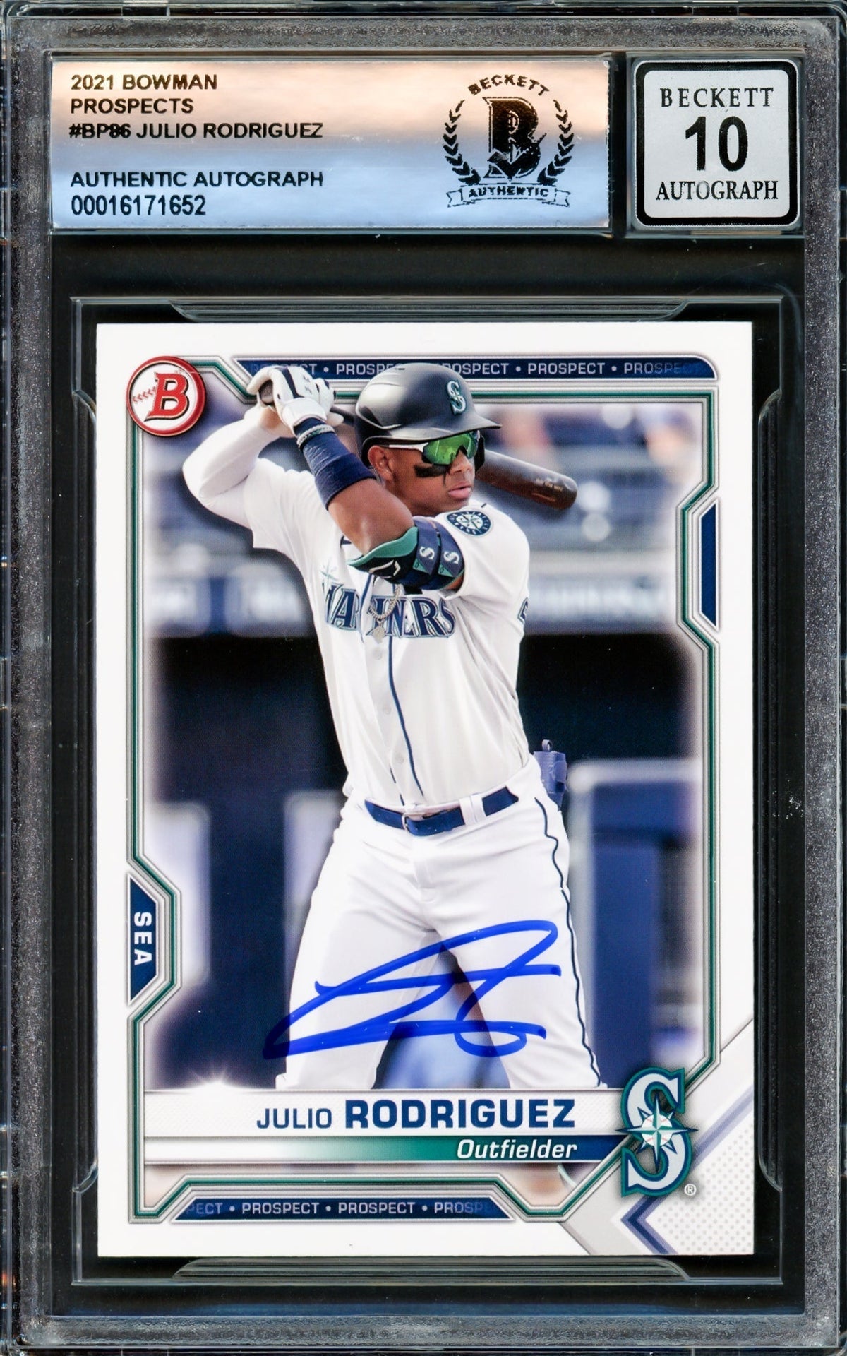 Julio Rodriguez Autographed 2021 Bowman Prospects Card #Bp86 Seattle Mariners Auto Grade Gem Mint 10 Beckett Bas Stock #220789