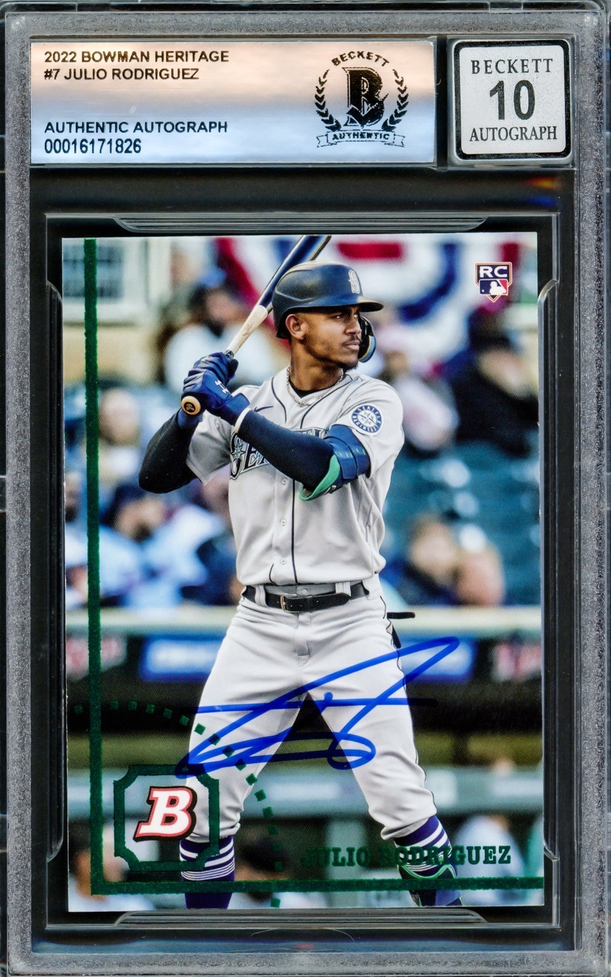 Julio Rodriguez Autographed 2022 Bowman Heritage Rookie Card #7 Seattle Mariners Auto Grade Gem Mint 10 Beckett Bas Stock #220792