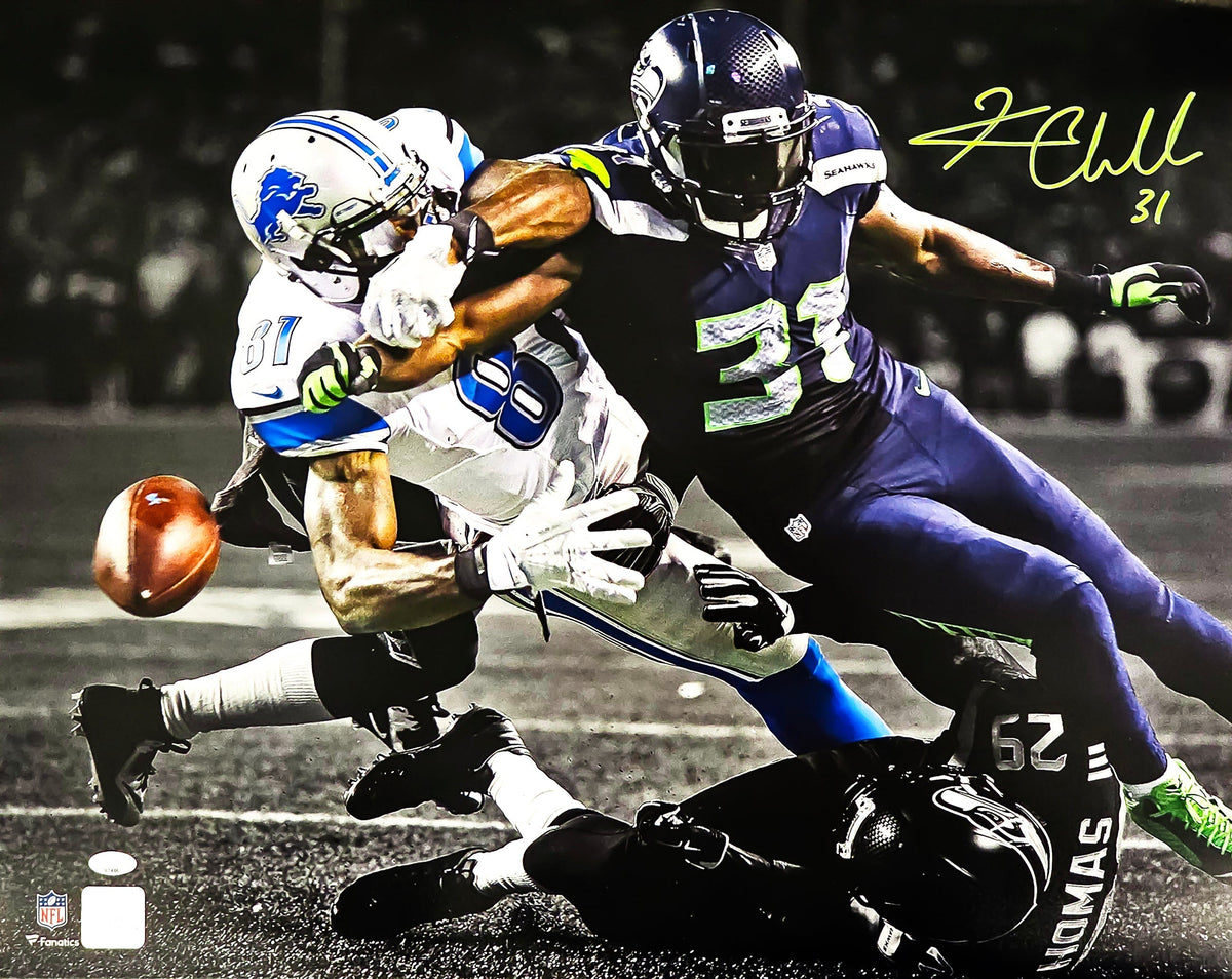 Kam Chancellor Autographed 16X20 Photo Seattle Seahawks Calvin Johnson Punch Fumble Spotlight Mcs Holo Stock #220841