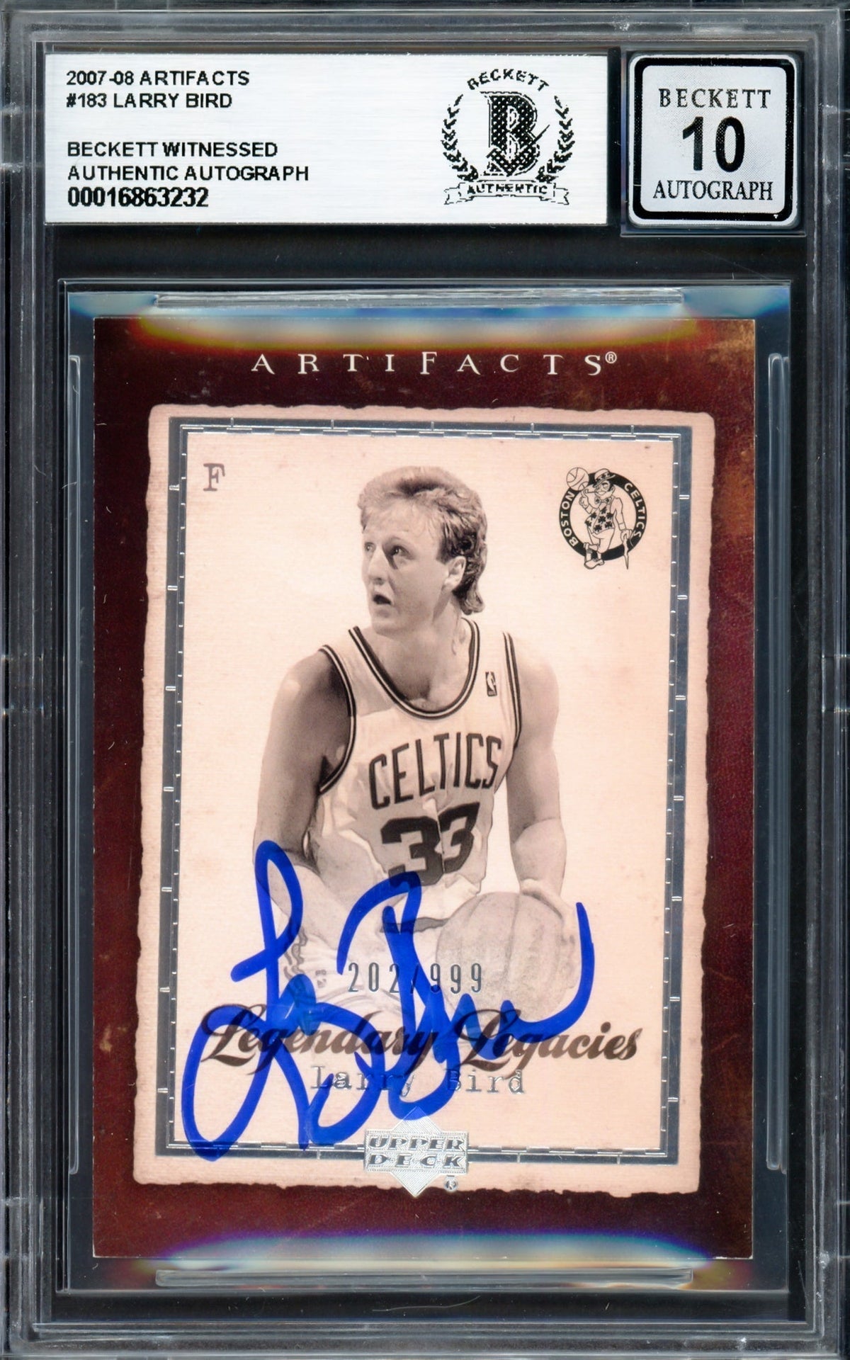 Larry Bird Autographed 2007-08 Upper Deck Artifacts Card #183 Boston Celtics Auto Grade Gem Mint 10 #202/999 Beckett Bas Witness #16863232