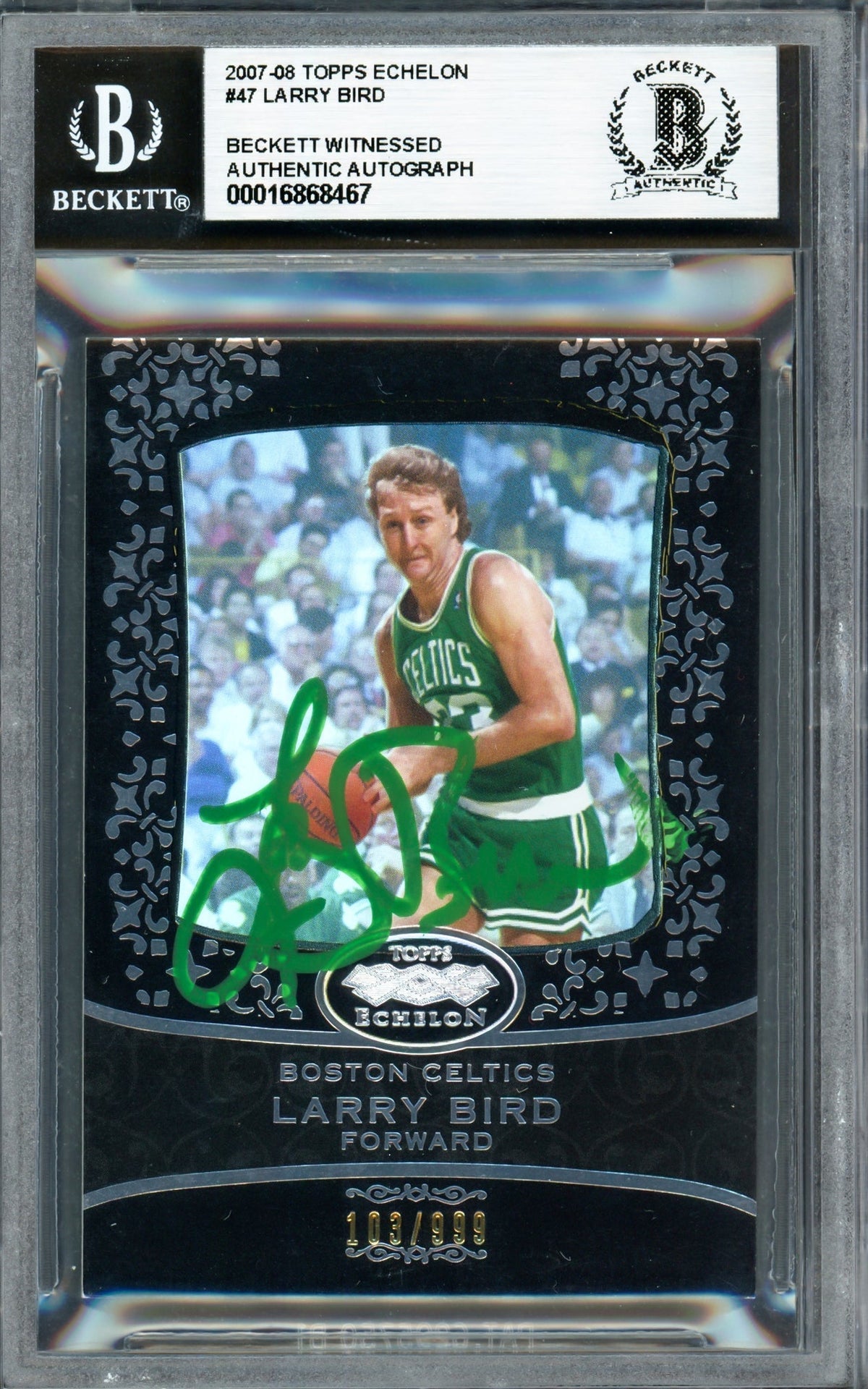 Larry Bird Autographed 2007-08 Topps Echelon Card #47 Boston Celtics #103/999 (Smudged) Beckett Bas Witness #16868467