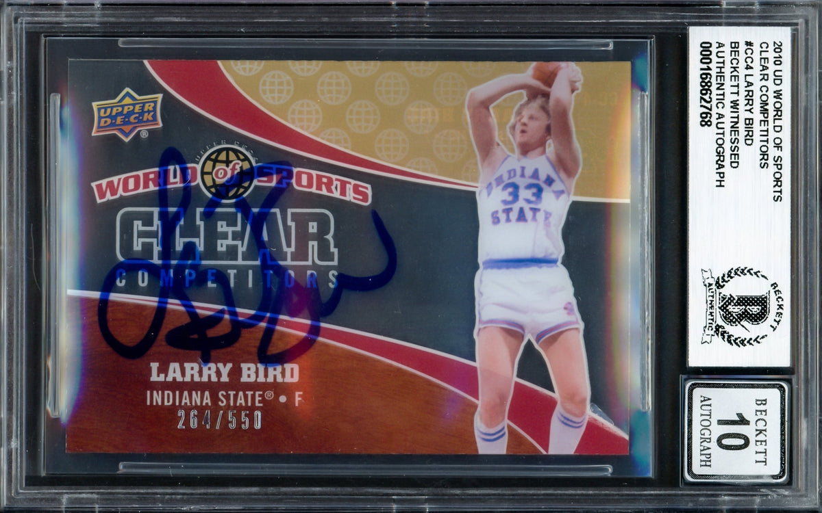 Larry Bird Autographed 2010 Upper Deck World Of Sports Clear Competitors Card #Cc4 Boston Celtics Auto Grade Gem Mint 10 #264/550 Beckett Bas Witness #16862768