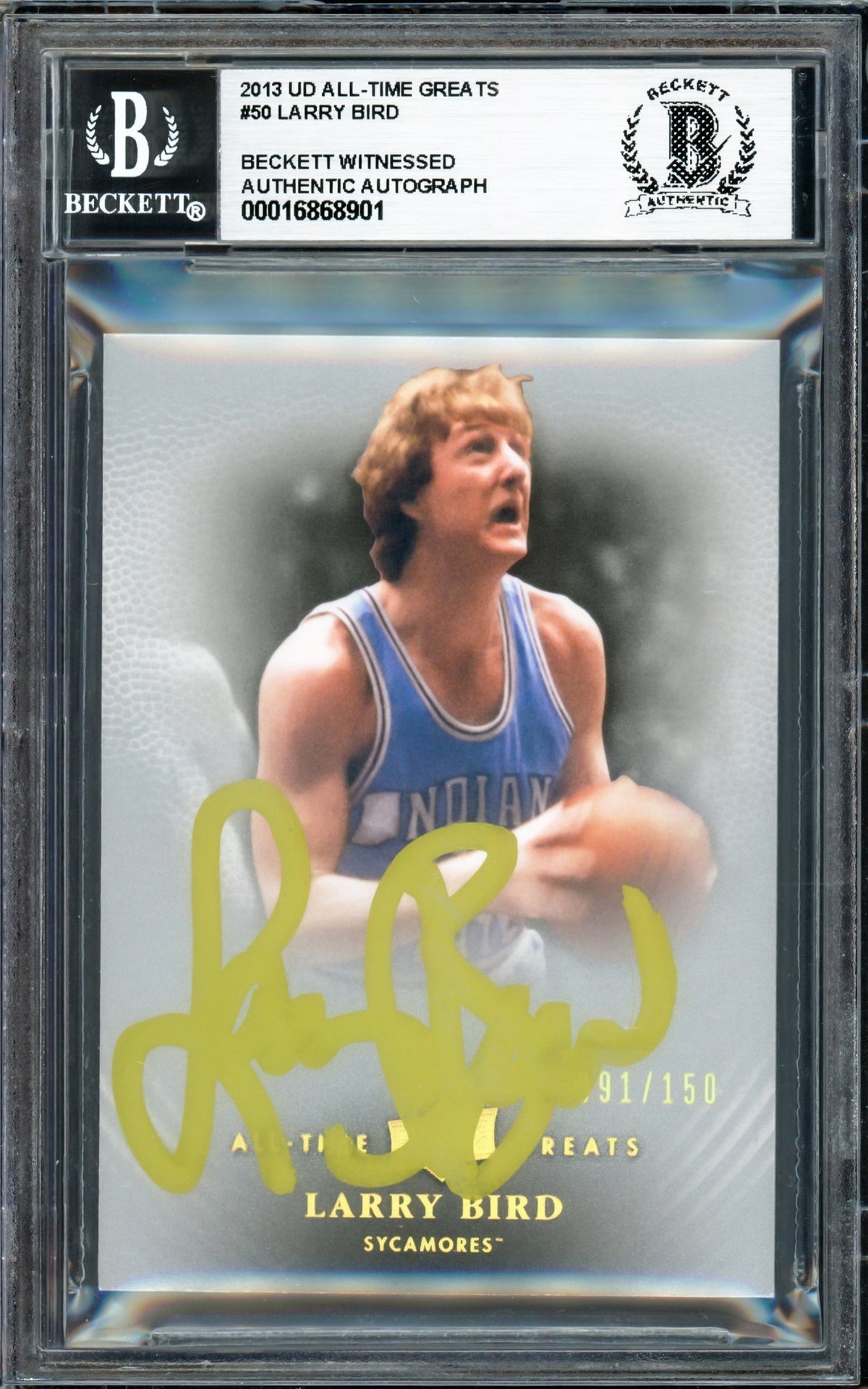 Larry Bird Autographed 2013 Upper Deck All-Time Greats Card #50 Boston Celtics #091/150 Beckett Bas Witness #16868901