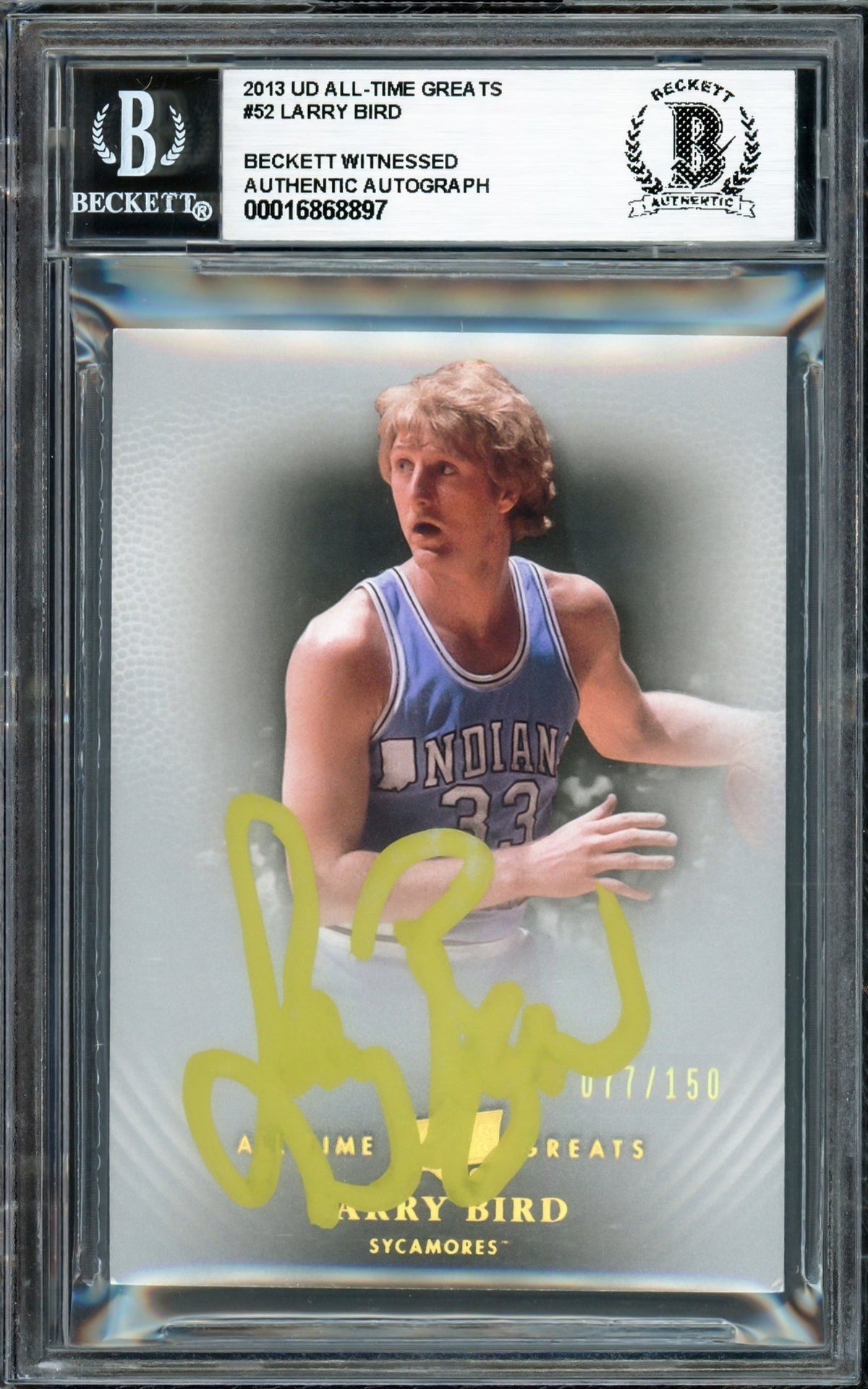 Larry Bird Autographed 2013 Upper Deck All-Time Greats Card #52 Boston Celtics #077/150 Beckett Bas Witness #16868897