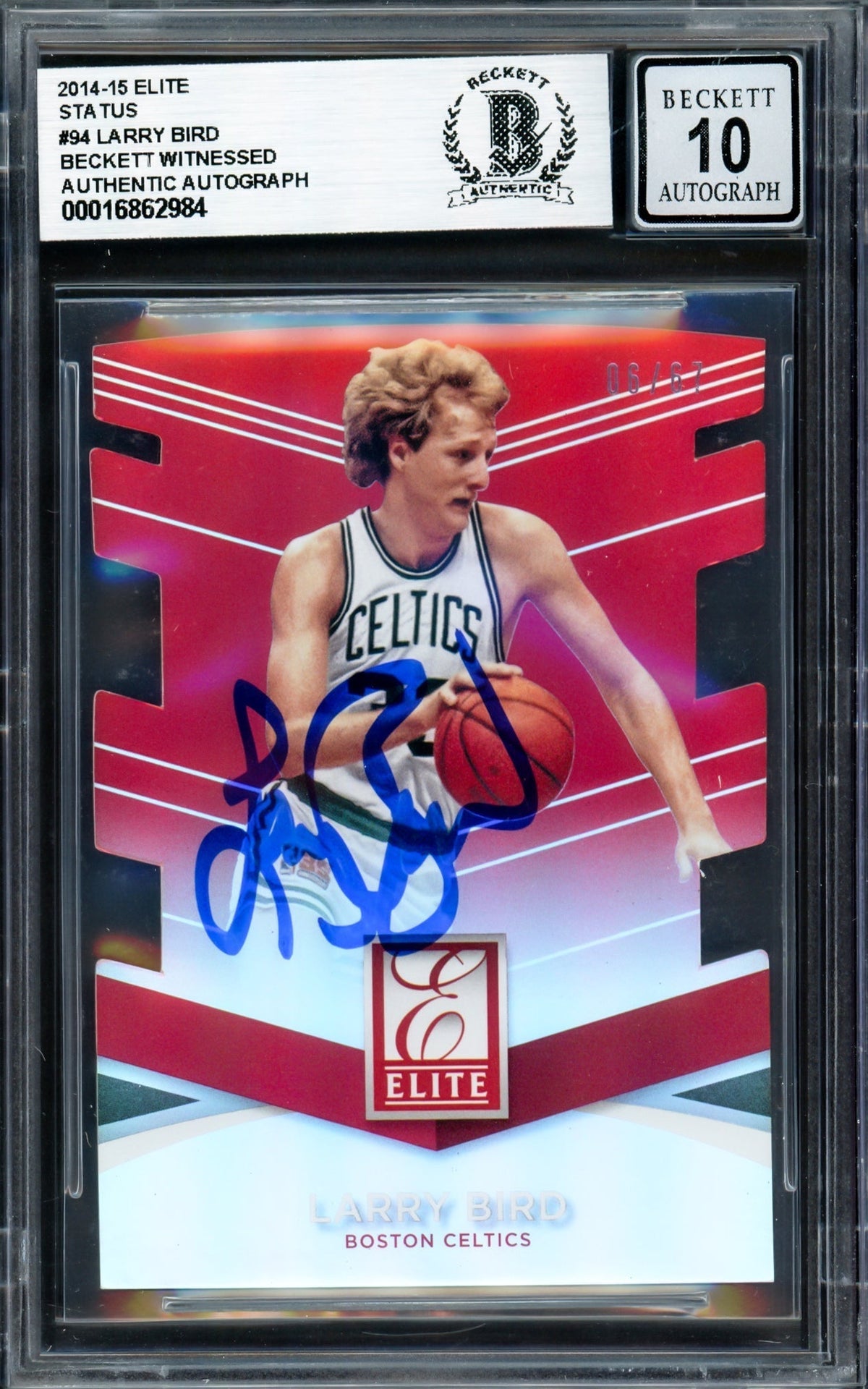 Larry Bird Autographed 2014-15 Elite Status Card #94 Boston Celtics Auto Grade Gem Mint 10 #06/67 Beckett Bas Witness #16862984