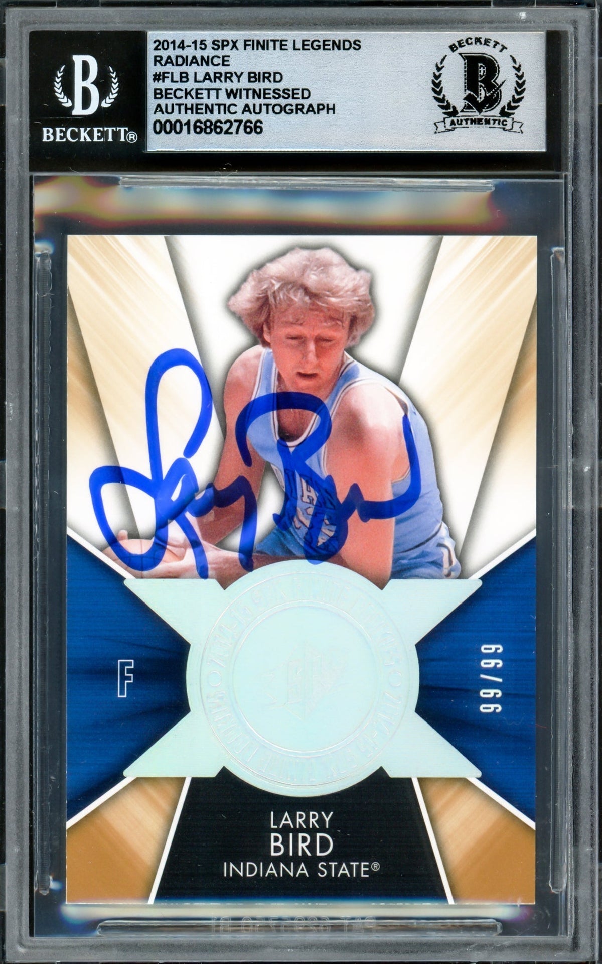 Larry Bird Autographed 2014-15 Spx Finite Legends Radiance Card #Flb Boston Celtics Auto Grade Gem Mint 10 #99/99 Beckett Bas Witness #16862766