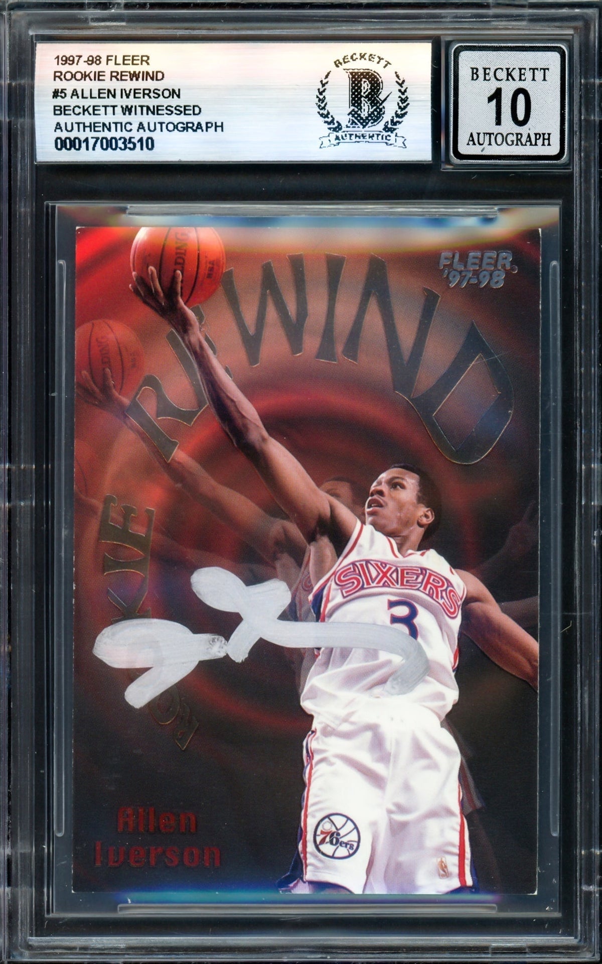 Allen Iverson Autographed 1997-98 Fleer Rookie Rewind Card #5 Philadelphia 76Ers Auto Grade Gem Mint 10 Beckett Bas Witness #17003510