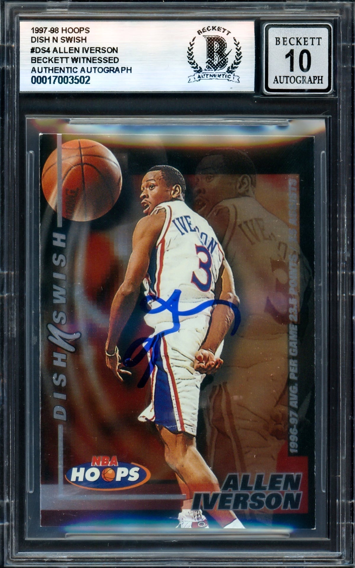 Allen Iverson Autographed 1997-98 Hoops Dish N Swish Card #Ds4 Philadelphia 76Ers Auto Grade Gem Mint 10 Beckett Bas Witness #17003502