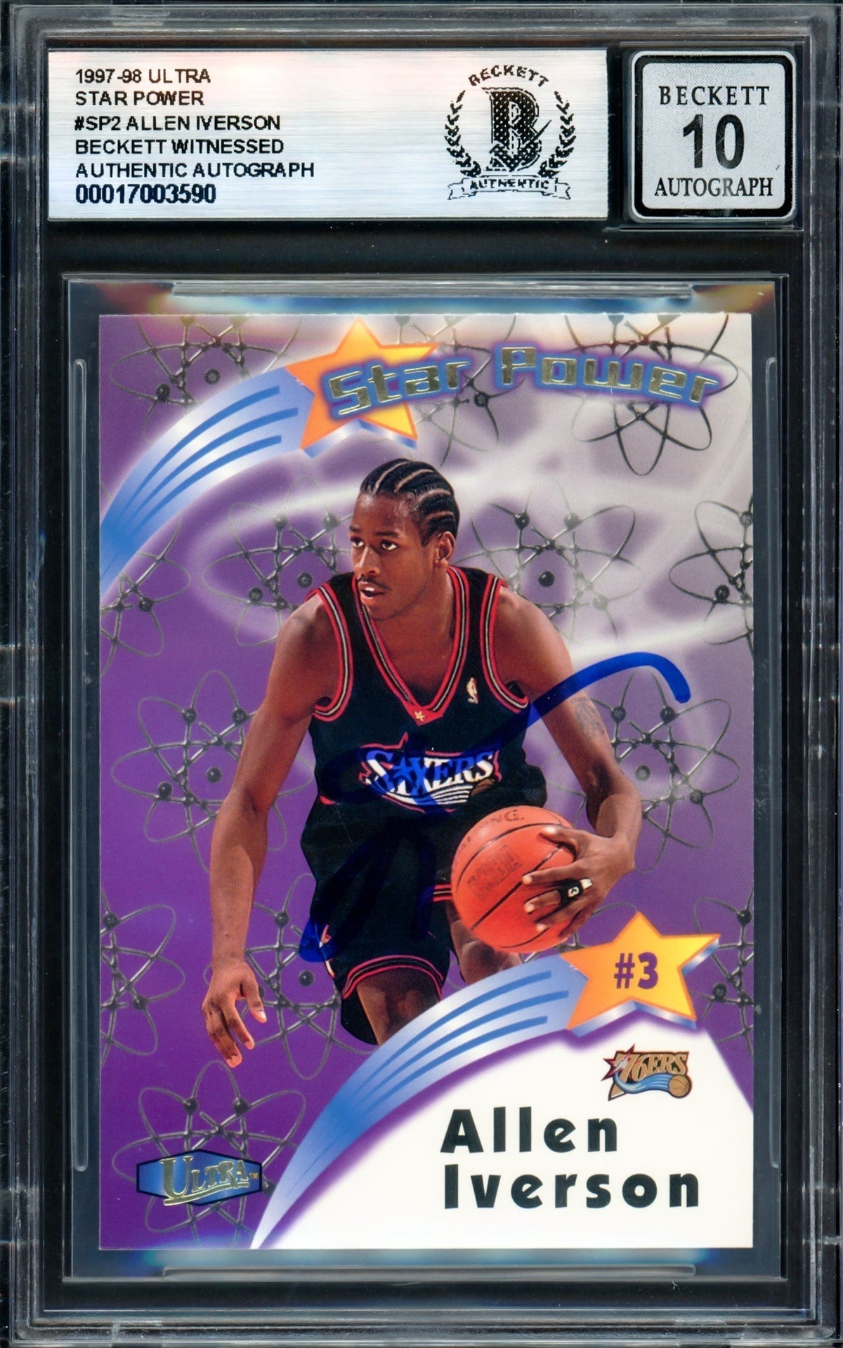 Allen Iverson Autographed 1997-98 Fleer Ultra Star Power Card #Sp2 Philadelphia 76Ers Auto Grade Gem Mint 10 Beckett Bas Witness #17003590