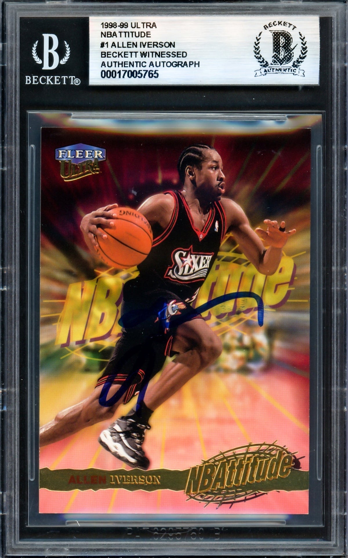 Allen Iverson Autographed 1998-99 Fleer Ultra Nbattitude Card #1 Philadelphia 76Ers Beckett Bas Witness #17005765