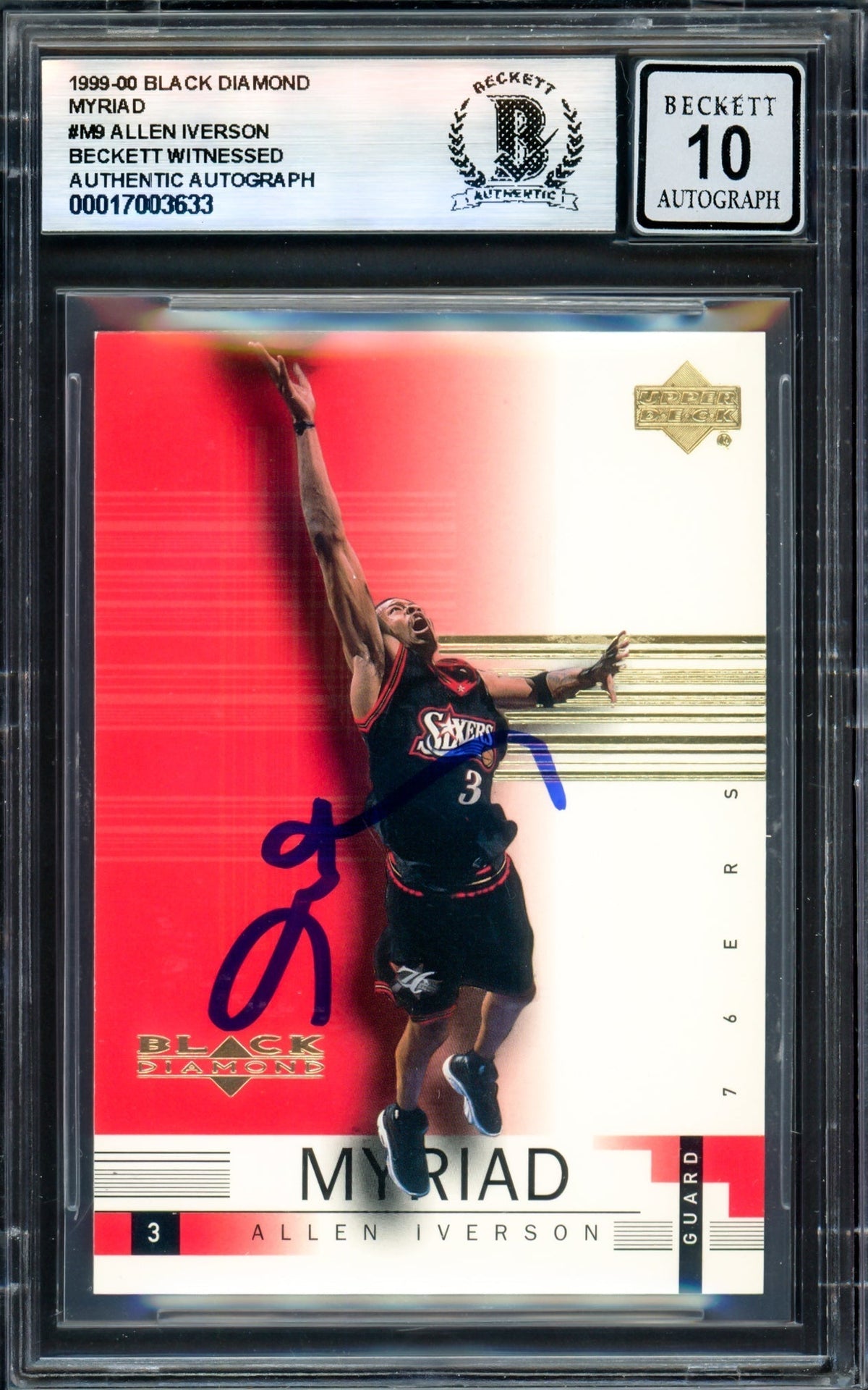 Allen Iverson Autographed 1999-00 Black Diamond Myriad Card #M9 Philadelphia 76Ers Auto Grade Gem Mint 10 Beckett Bas Witness #17003633