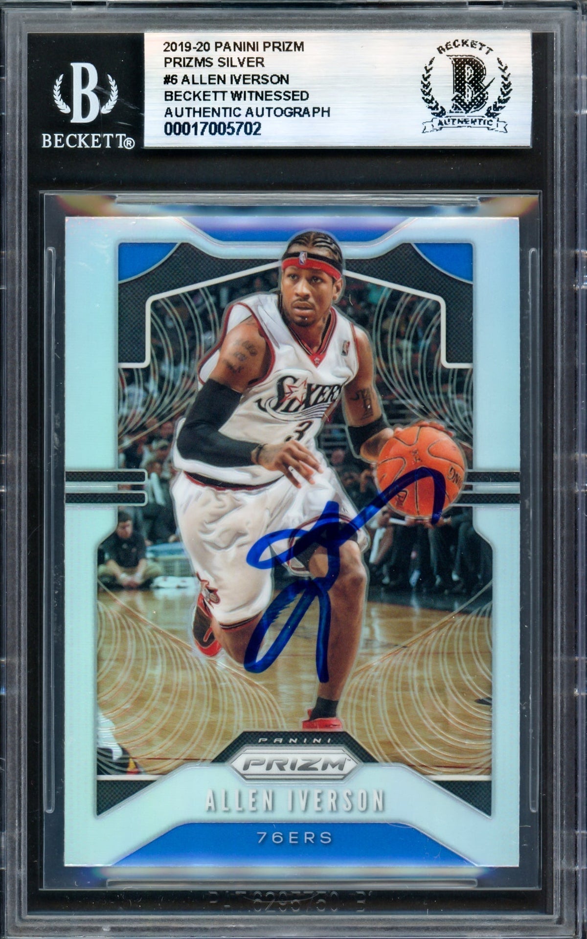 Allen Iverson Autographed 2019-20 Panini Prizm Prizms Silver Card #6 Philadelphia 76Ers Beckett Bas Witness #17005702