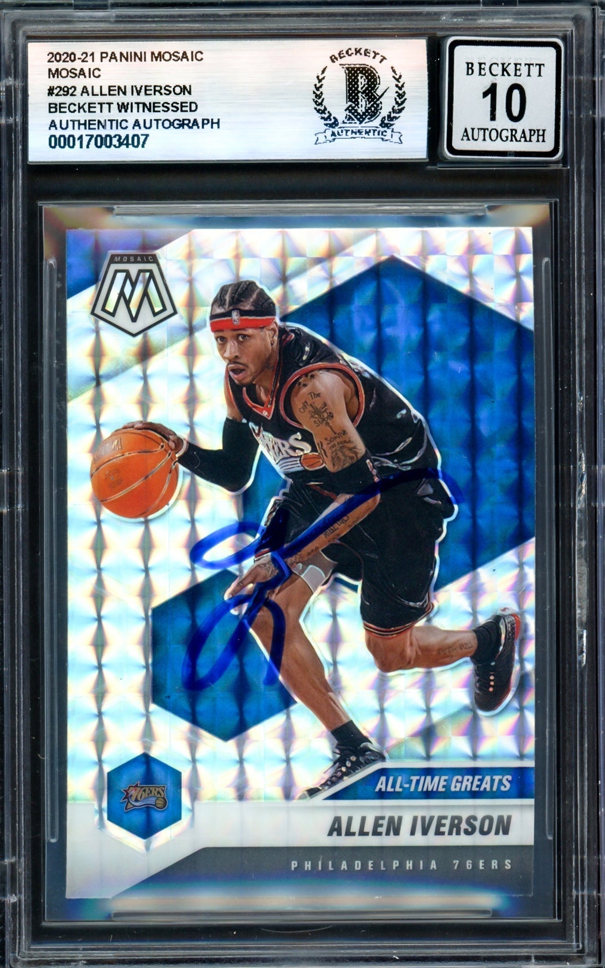 Allen Iverson Autographed 2020-21 Panini Mosaic Card #292 Philadelphia 76Ers Auto Grade Gem Mint 10 Beckett Bas Witness #17003407