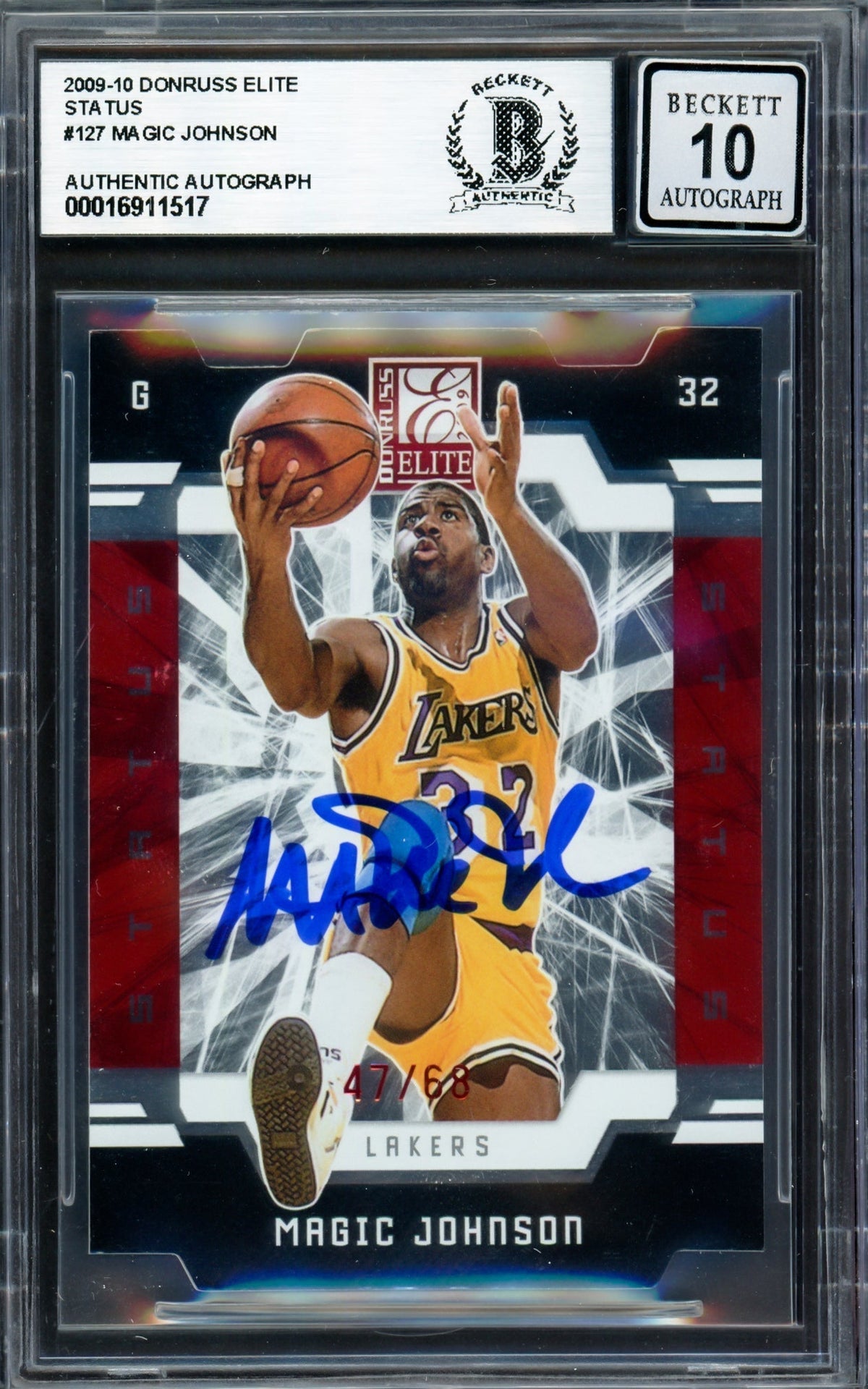 Magic Johnson Autographed 2009-10 Donruss Elite Status Card #127 Los Angeles Lakers Auto Grade Gem Mint 10 #47/68 Beckett Bas #16911517
