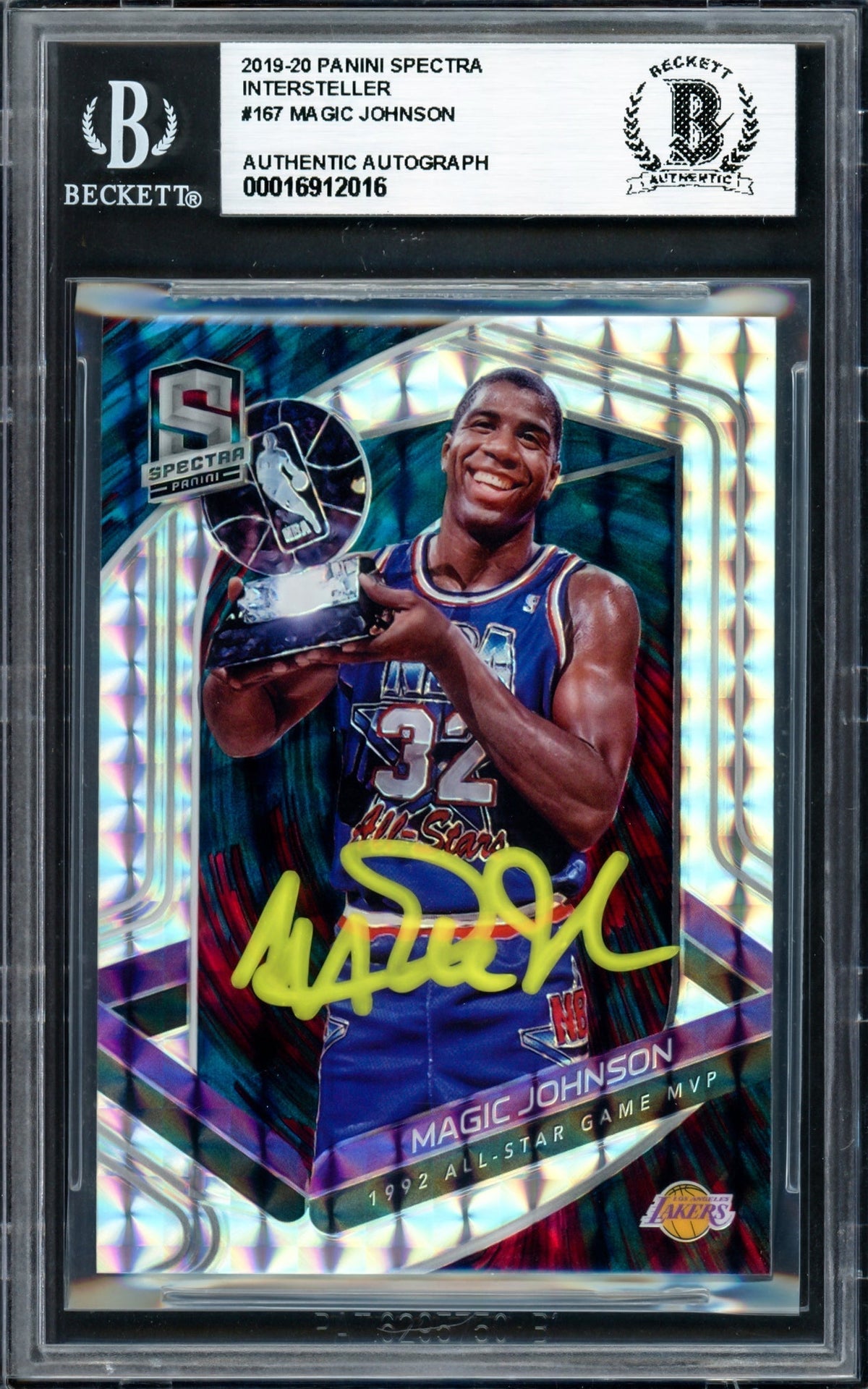 Magic Johnson Autographed 2019-20 Panini Spectra Interstellar Card #167 Los Angeles Lakers #15/49 Beckett Bas #16912016