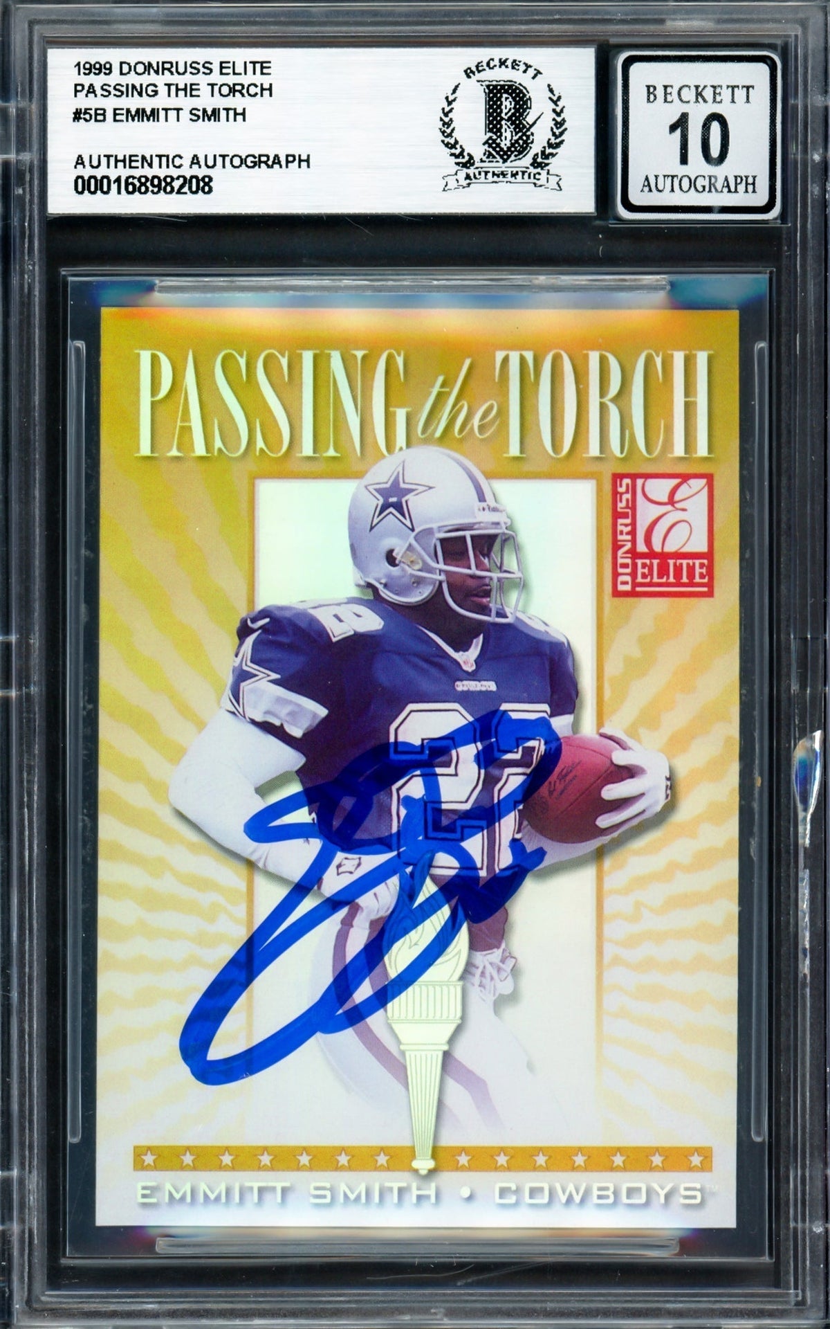 Emmitt Smith Autographed 1999 Donruss Elite Passing The Torch Card #5B Dallas Cowboys Auto Grade Gem Mint 10 #1490/1500 Beckett Bas #16898208