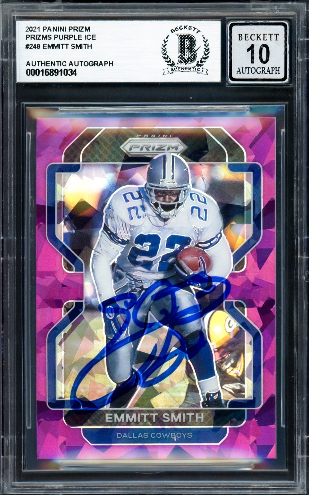 Emmitt Smith Autographed 2021 Panini Prizm Prizms Purple Ice Card #248 Dallas Cowboys Auto Grade Gem Mint 10 #160/225 Beckett Bas #16891034