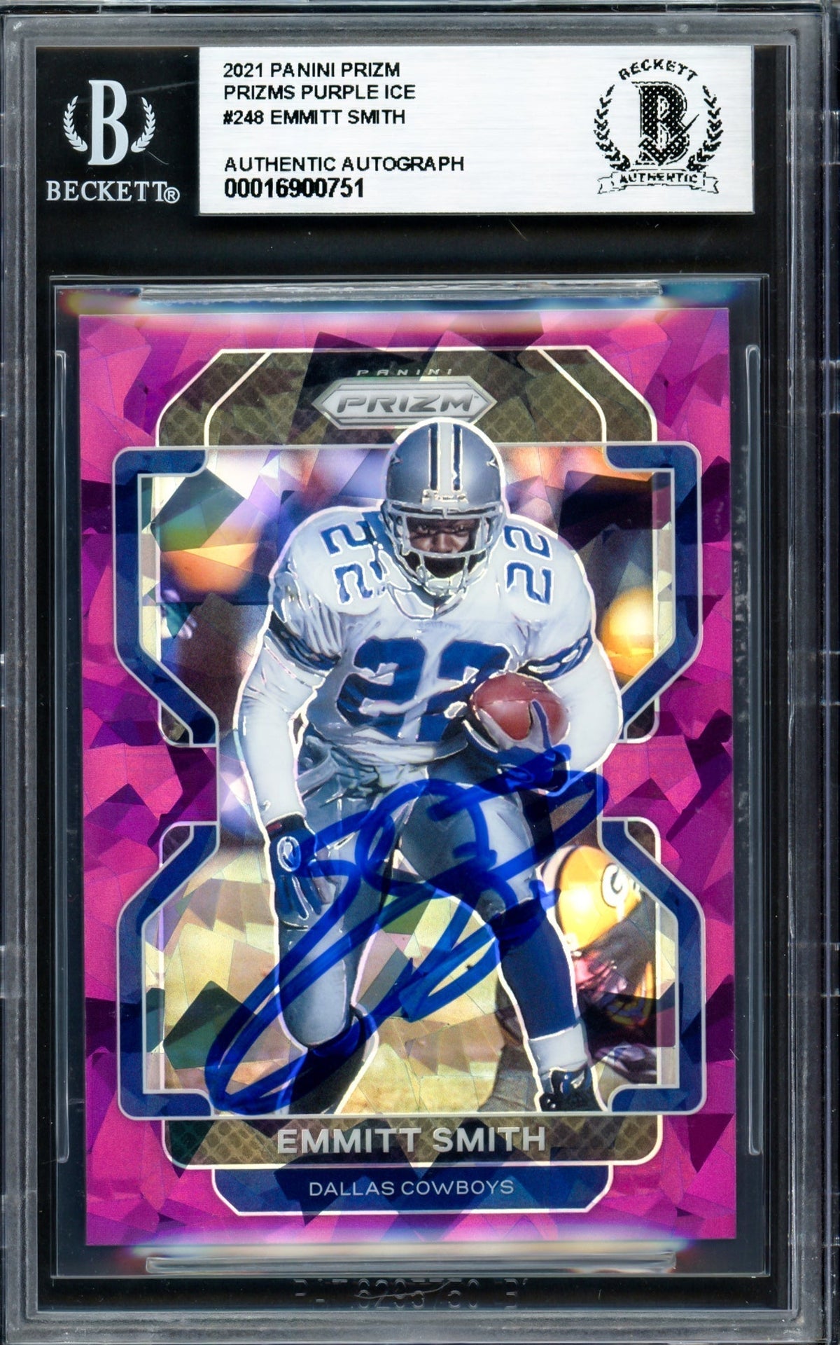Emmitt Smith Autographed 2021 Panini Prizm Prizms Purple Ice Card #248 Dallas Cowboys #197/225 Beckett Bas #16900751