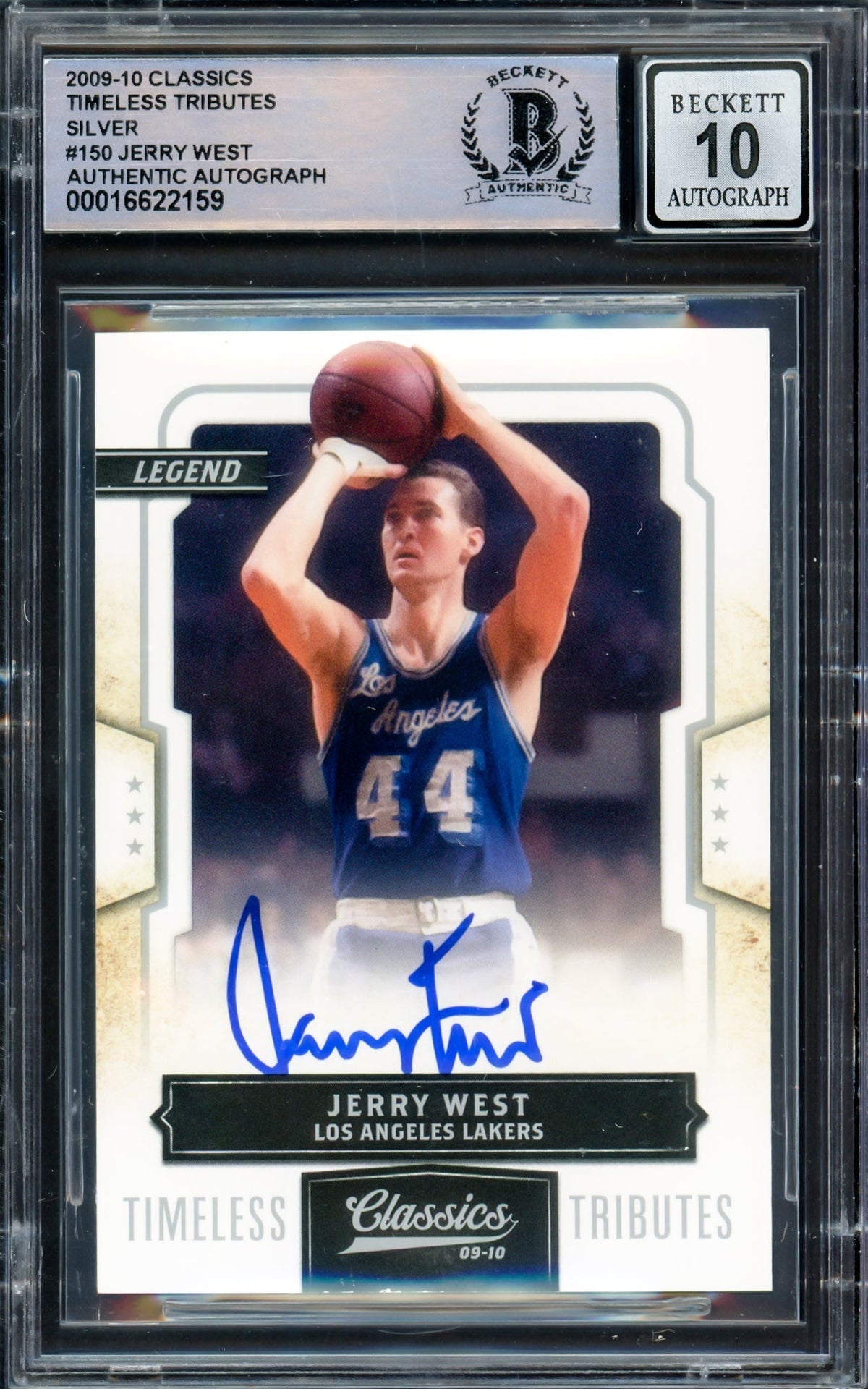 Jerry West Autographed 2009-10 Classics Timeless Tributes Silver Card #150 Los Angeles Lakers Auto Grade Gem Mint 10 #098/100 Beckett Bas #16622159