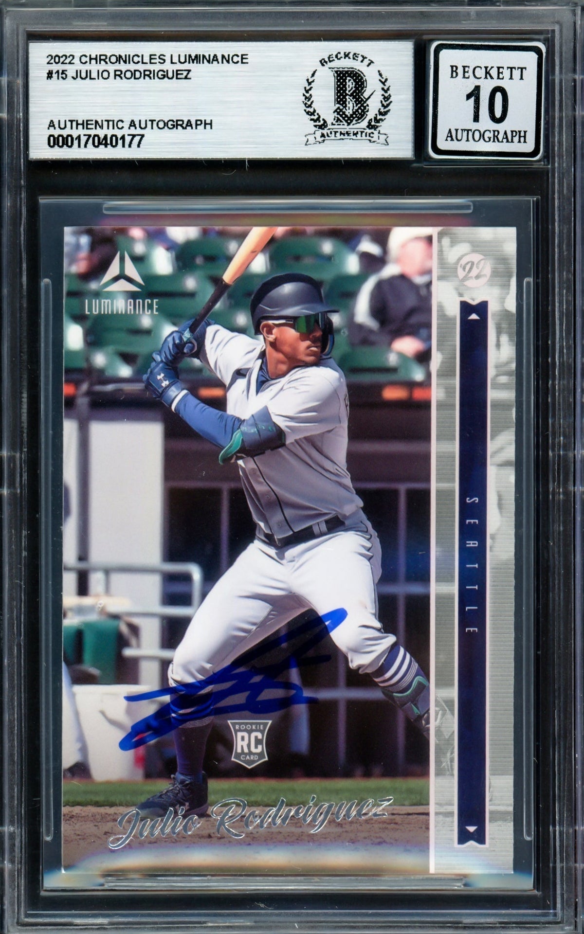Julio Rodriguez Autographed 2022 Panini Luminance Rookie Card #15 Seattle Mariners Auto Grade Gem Mint 10 Beckett Bas #17040177