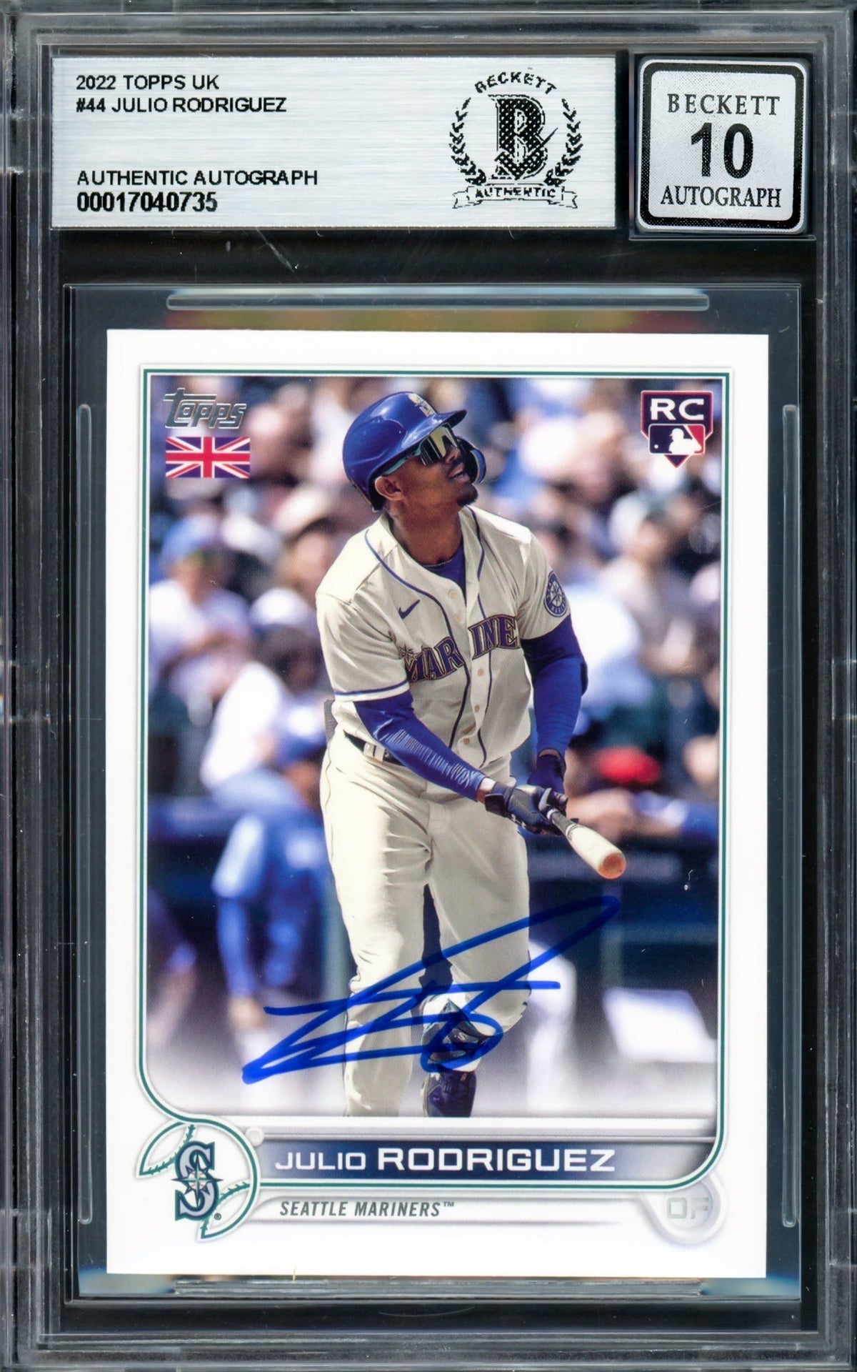 Julio Rodriguez Autographed 2022 Topps Uk Edition Rookie Card #44 Seattle Mariners Auto Grade Gem Mint 10 Beckett Bas #17040735