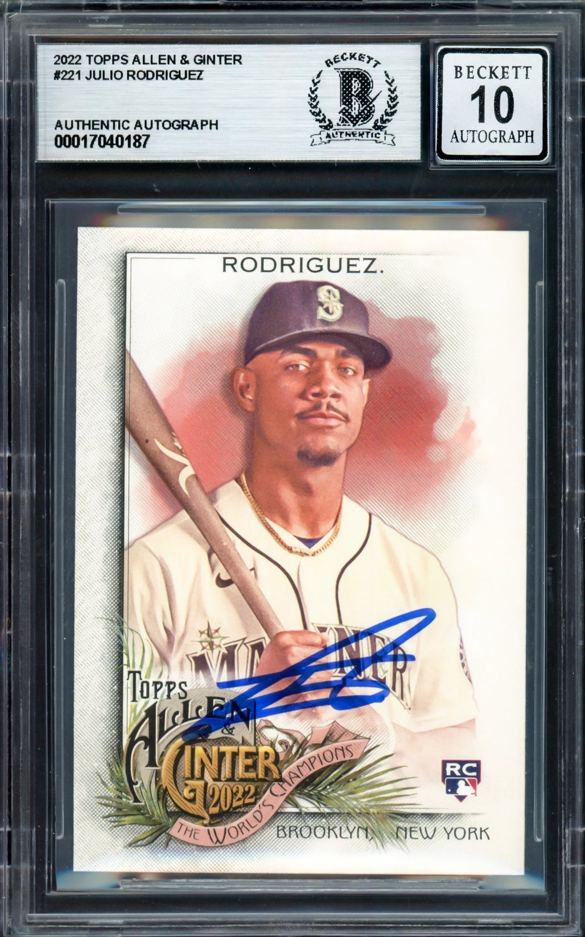Julio Rodriguez Autographed 2022 Topps Allen & Ginter Rookie Card #221 Seattle Mariners Auto Grade Gem Mint 10 Beckett Bas #17040187