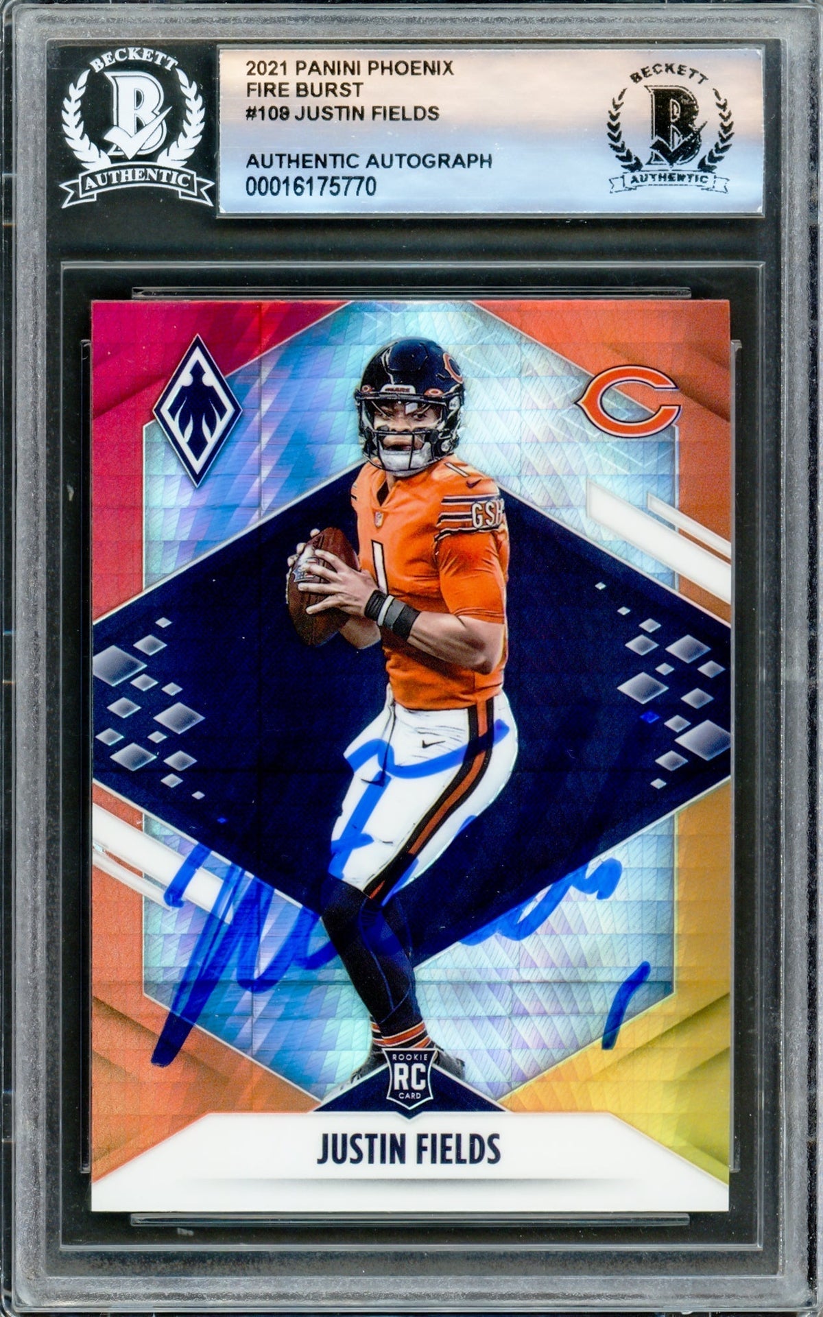 Justin Fields Autographed 2021 Phoenix Rookie Card #108 Chicago Bears Beckett Bas Stock #221184