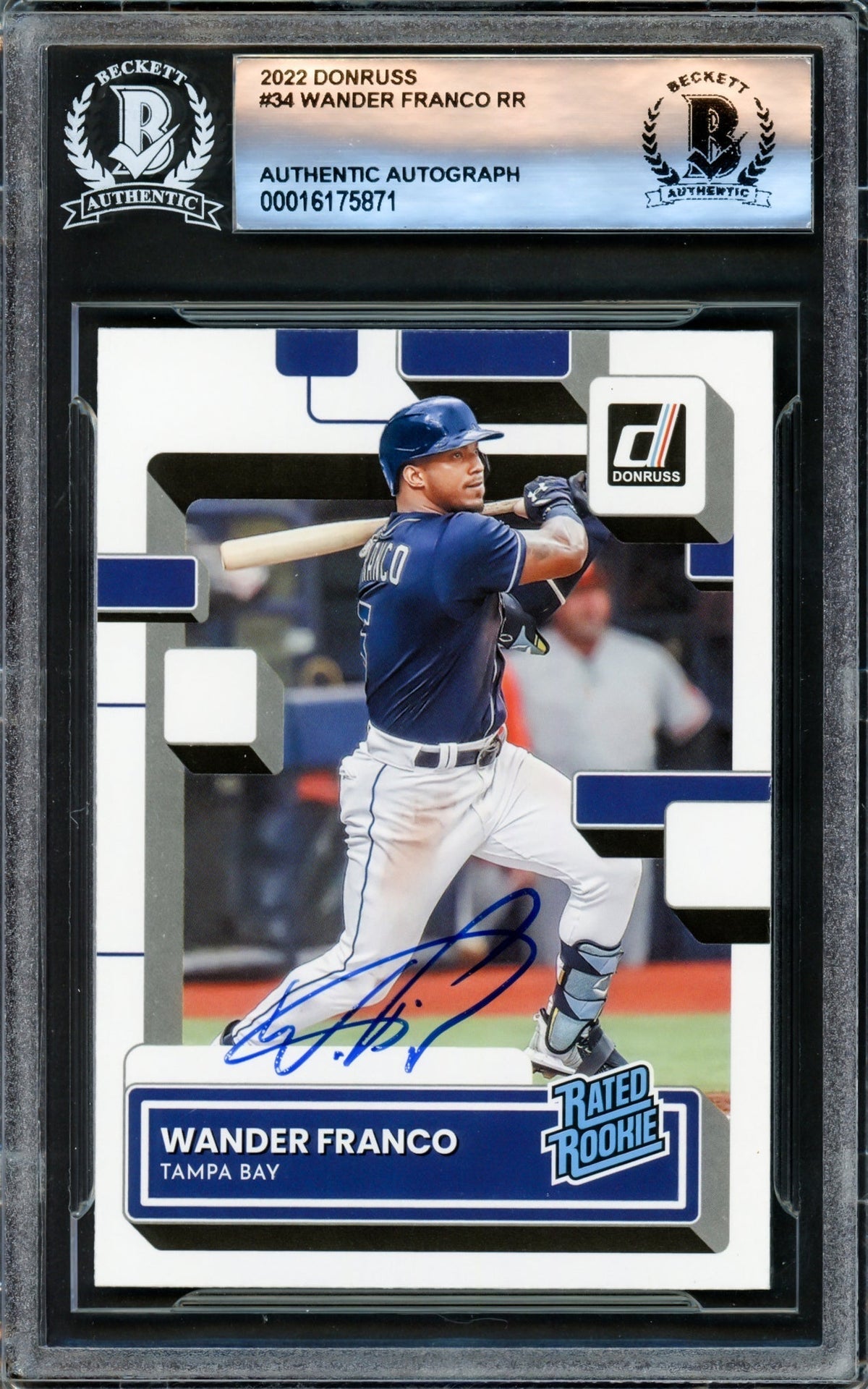Wander Franco Autographed 2022 Donruss Rated Rookie Card #34 Tampa Bay Rays Beckett Bas Stock #221185