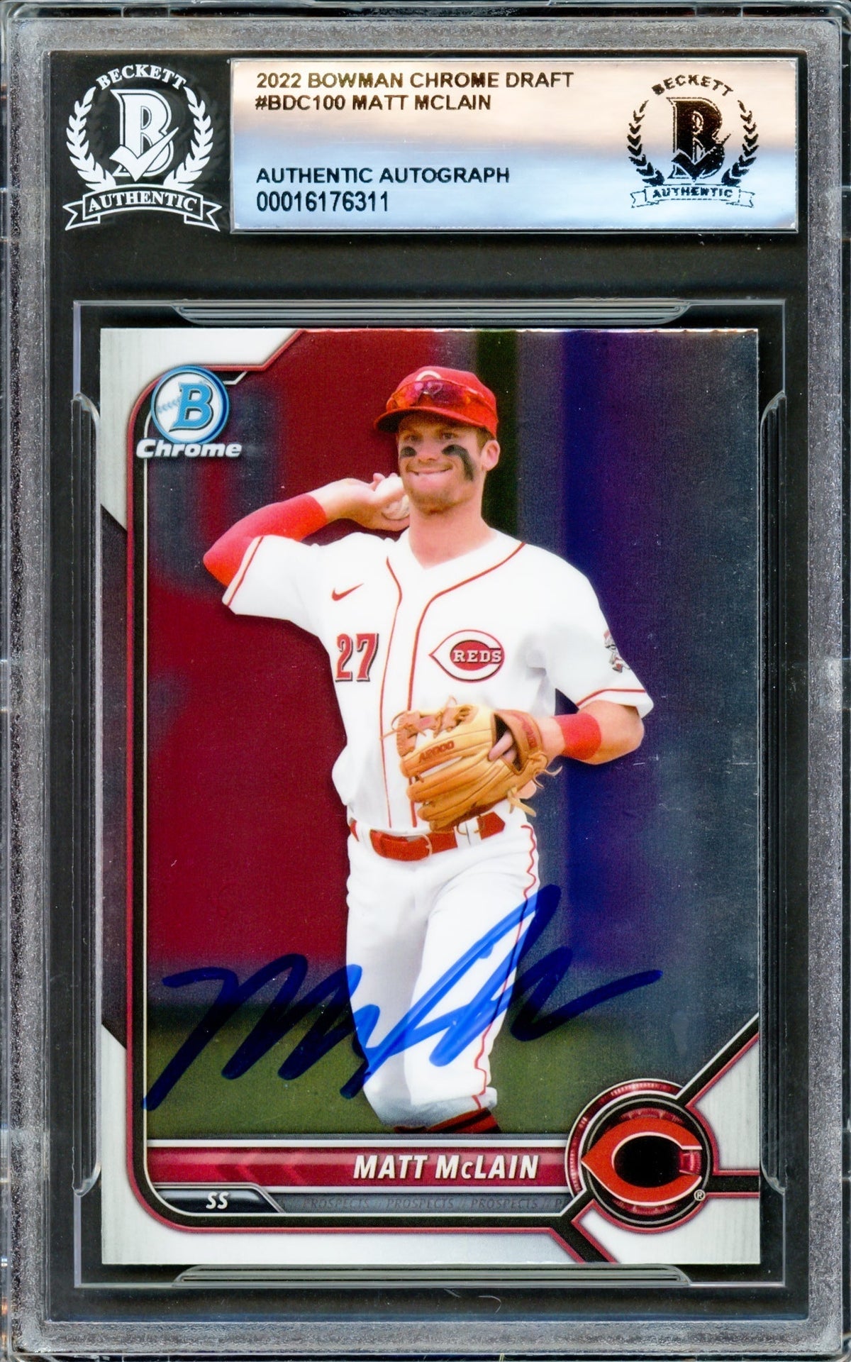 Matt Mclain Autographed 2022 Bowman Draft Chrome Rookie Card #Bdc100 Cincinnati Reds Beckett Bas Stock #221195