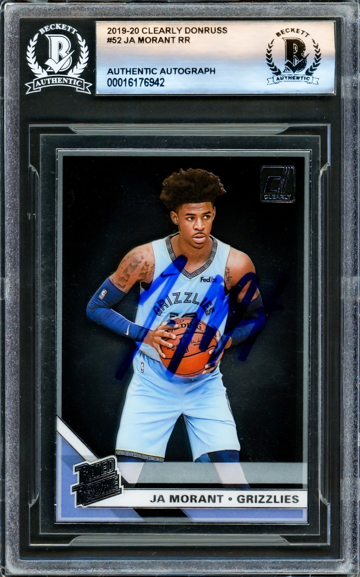 Ja Morant Autographed 2019-20 Clearly Donruss Rookie Card #52 Memphis Grizzlies Beckett Bas Stock #221204