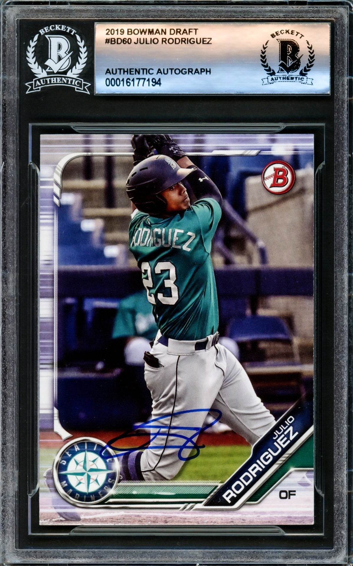 Julio Rodriguez Autographed 2019 Bowman Draft Rookie Card #Bd60 Seattle Mariners Beckett Bas Stock #221209