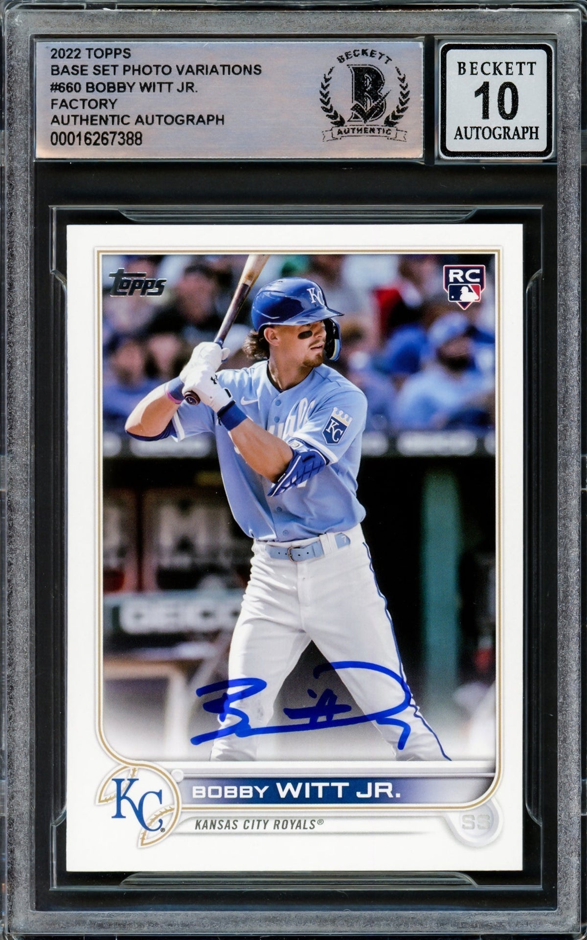 Bobby Witt Jr. Autographed 2022 Topps Complete Base Set Photo Variations Rookie Card #660 Kansas City Royals Auto Grade Gem Mint 10 Beckett Bas Stock #221317