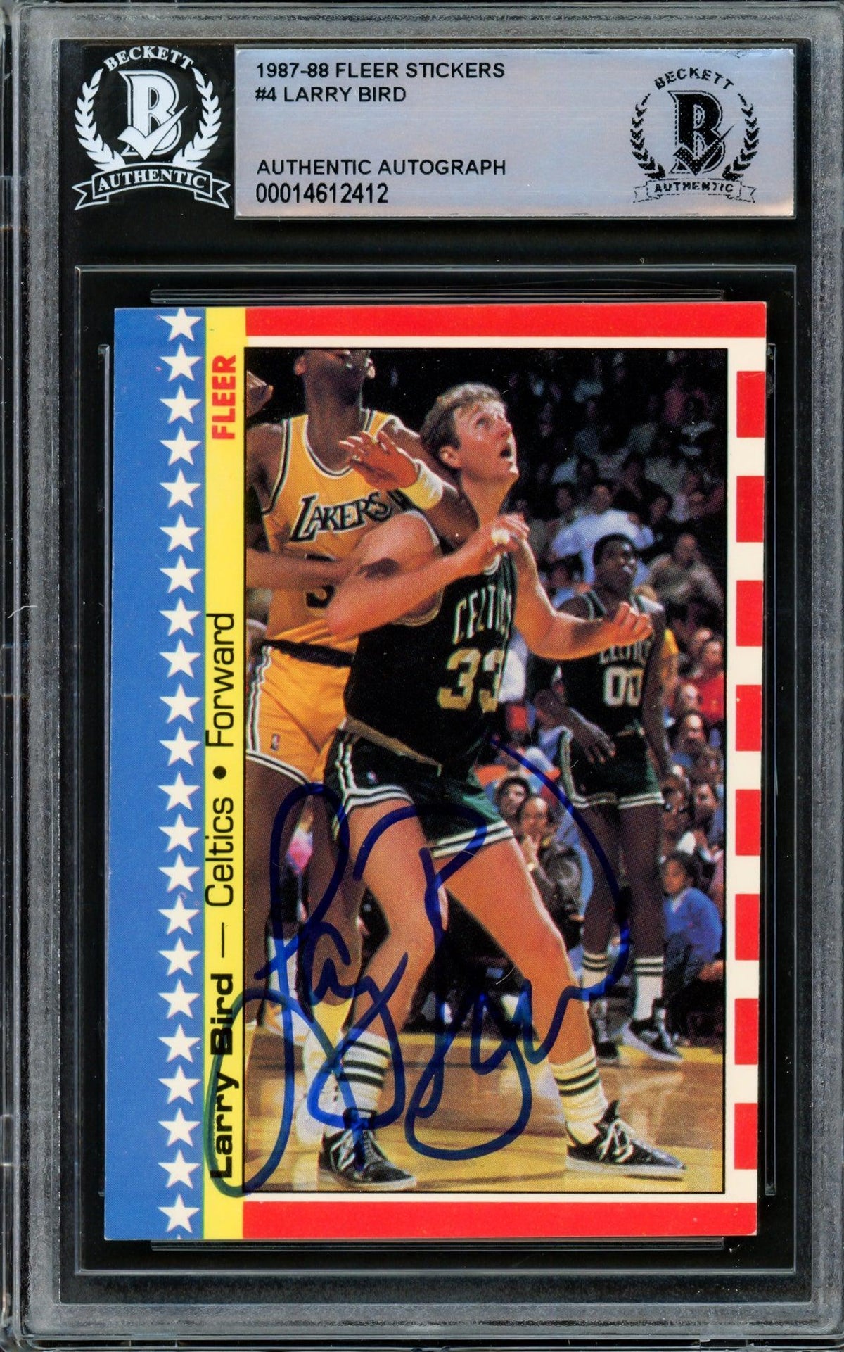 Larry Bird Autographed 1987-88 Fleer Sticker Card #4 Boston Celtics Beckett Bas #14612412