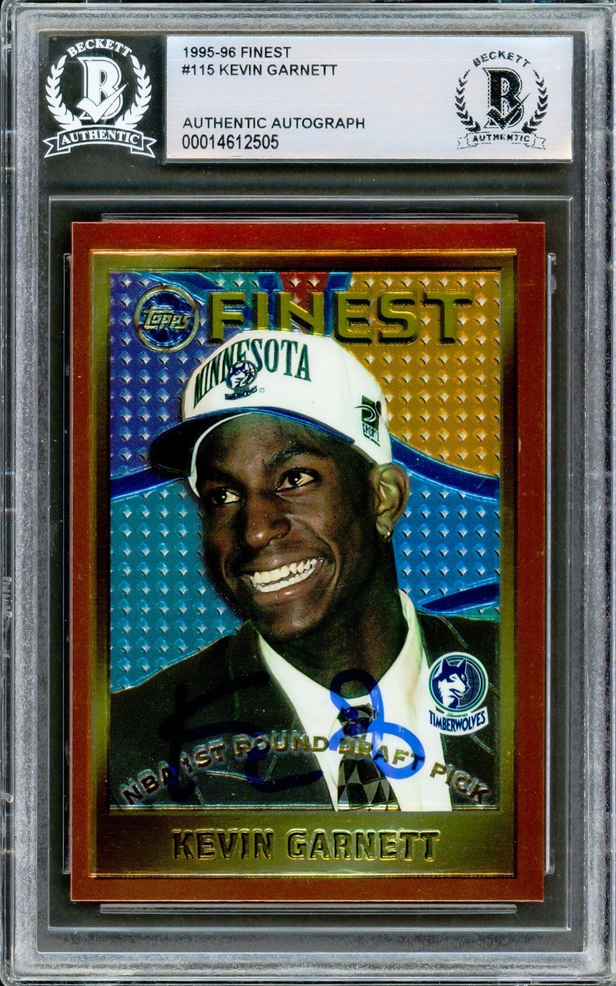 Kevin Garnett Autographed 1995-96 Topps Finest Rookie Card #115 Minnesota Timberwolves Beckett Bas #14612505