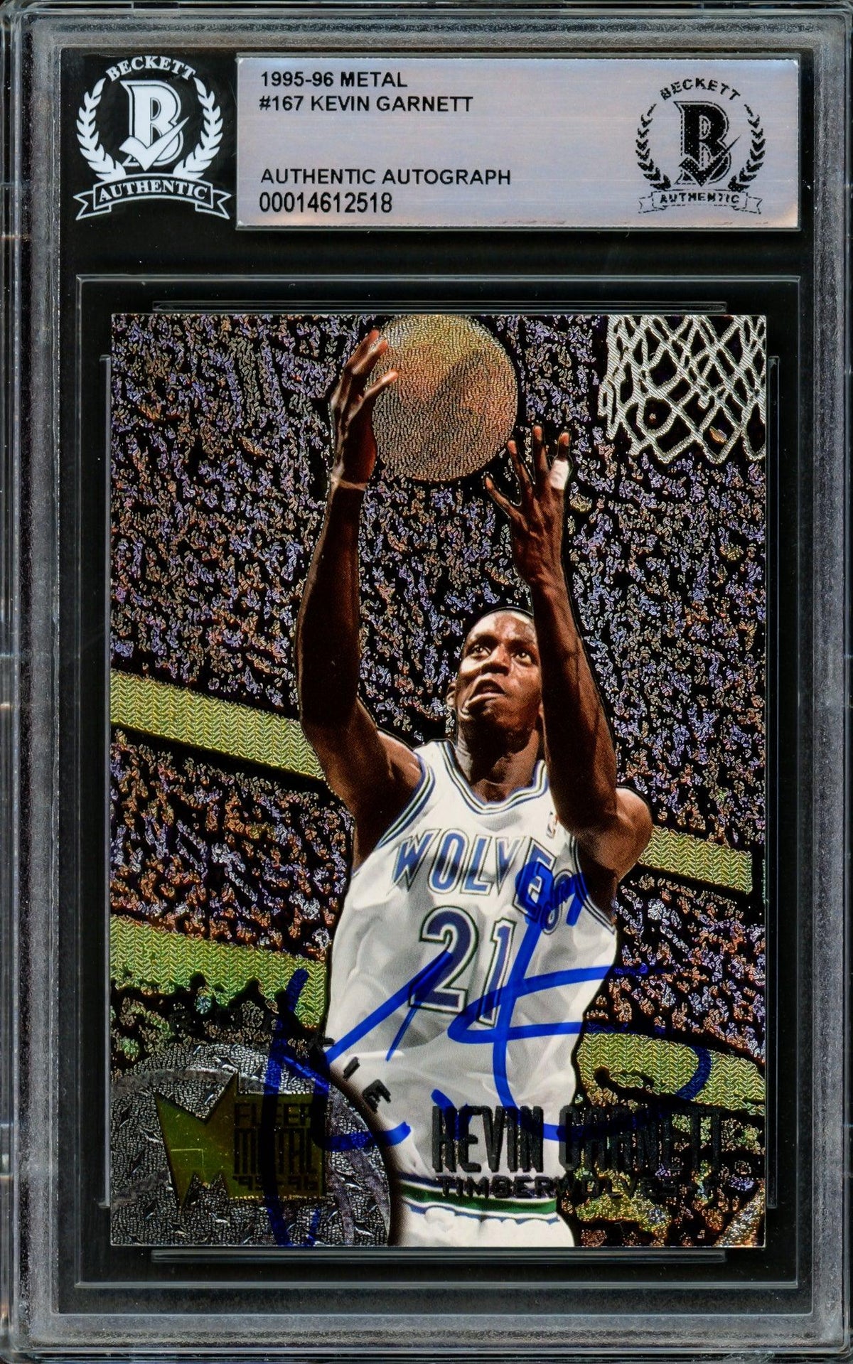 Kevin Garnett Autographed 1995-96 Fleer Metal Rookie Card #167 Minnesota Timberwolves Beckett Bas #14612518