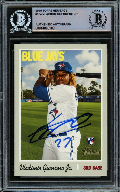 Vladimir Guerrero Jr. Autographed 2019 Topps Heritage Rookie Card #504 Toronto Blue Jays (Minor Back Damage) Beckett Bas #14866188