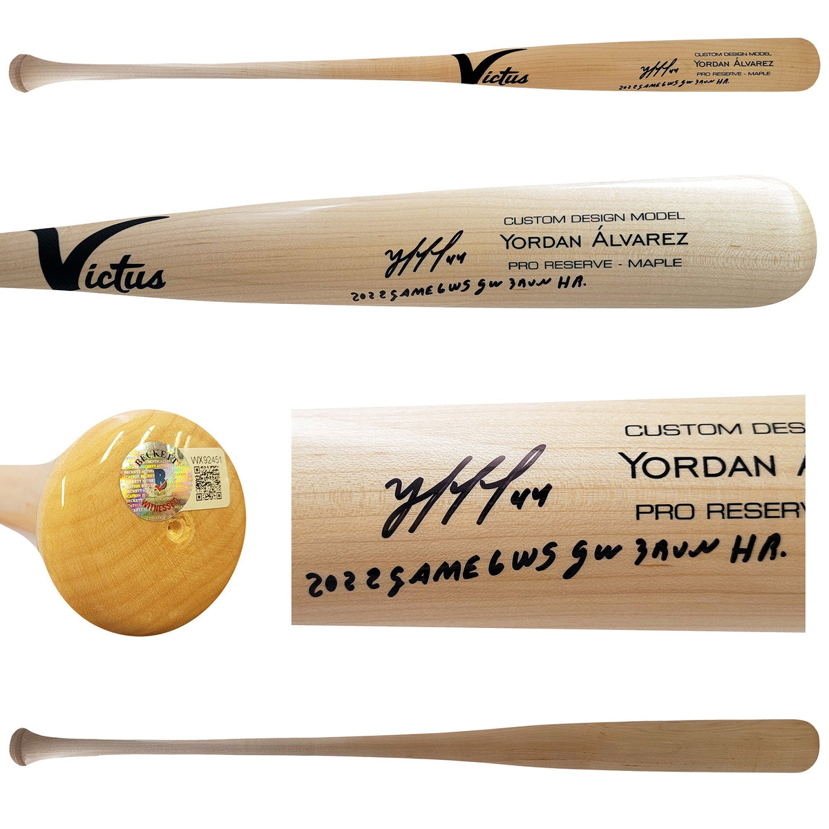 Yordan Alvarez Autographed Blonde Victus Player Model Bat Houston Astros "2022 Game 6 Ws Gw 3 Run Hr" Beckett Bas Witness Stock #210082