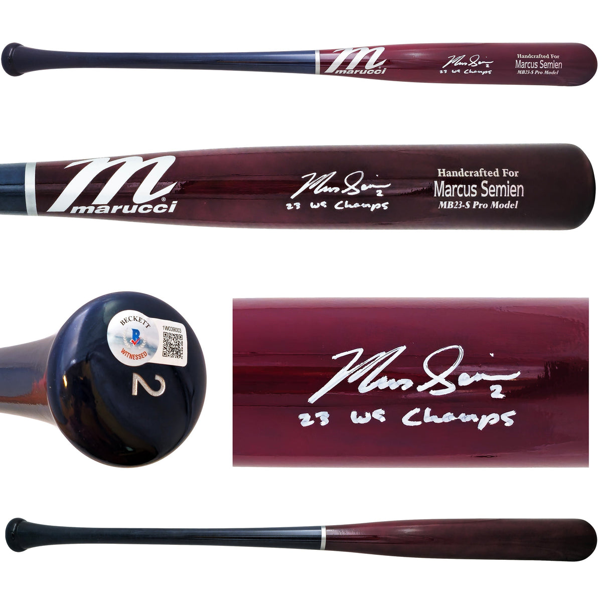 Marcus Semien Autographed Maroon/Navy Marucci Player Model Bat Texas Rangers "23 Ws Champs" Beckett Bas Witness