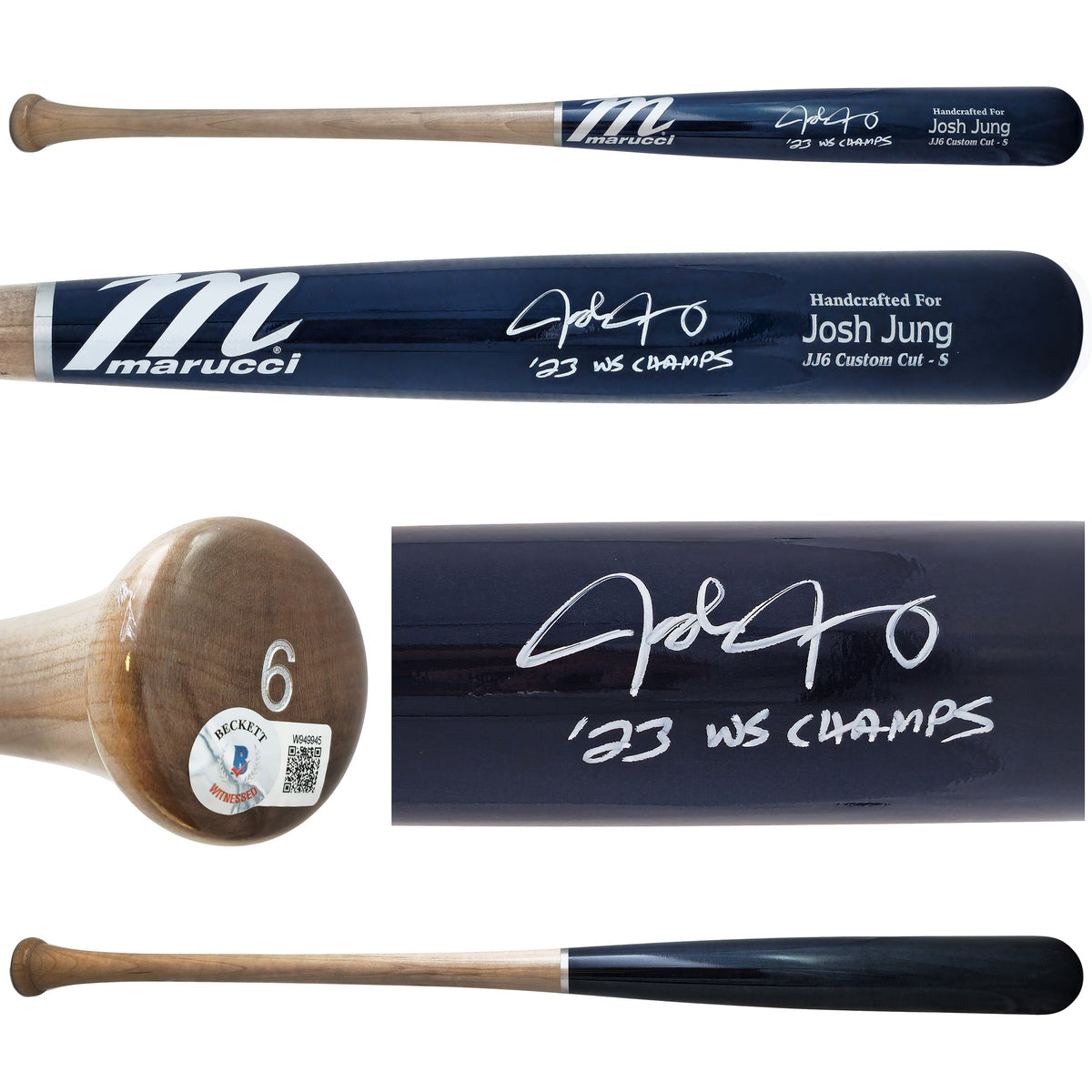 Josh Jung Autographed Navy/Grey Marucci Player Model Bat Texas Rangers "23 Ws Champs" Beckett Bas Witness