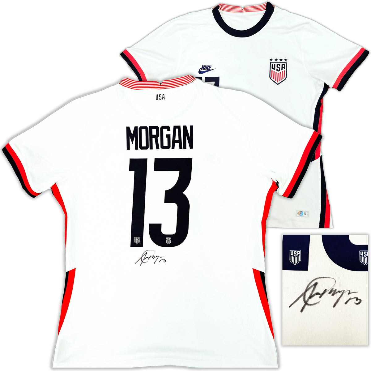 Team Usa Alex Morgan Autographed White Nike Red & Blue Stripes Jersey Womens Size L Beckett Bas Witness