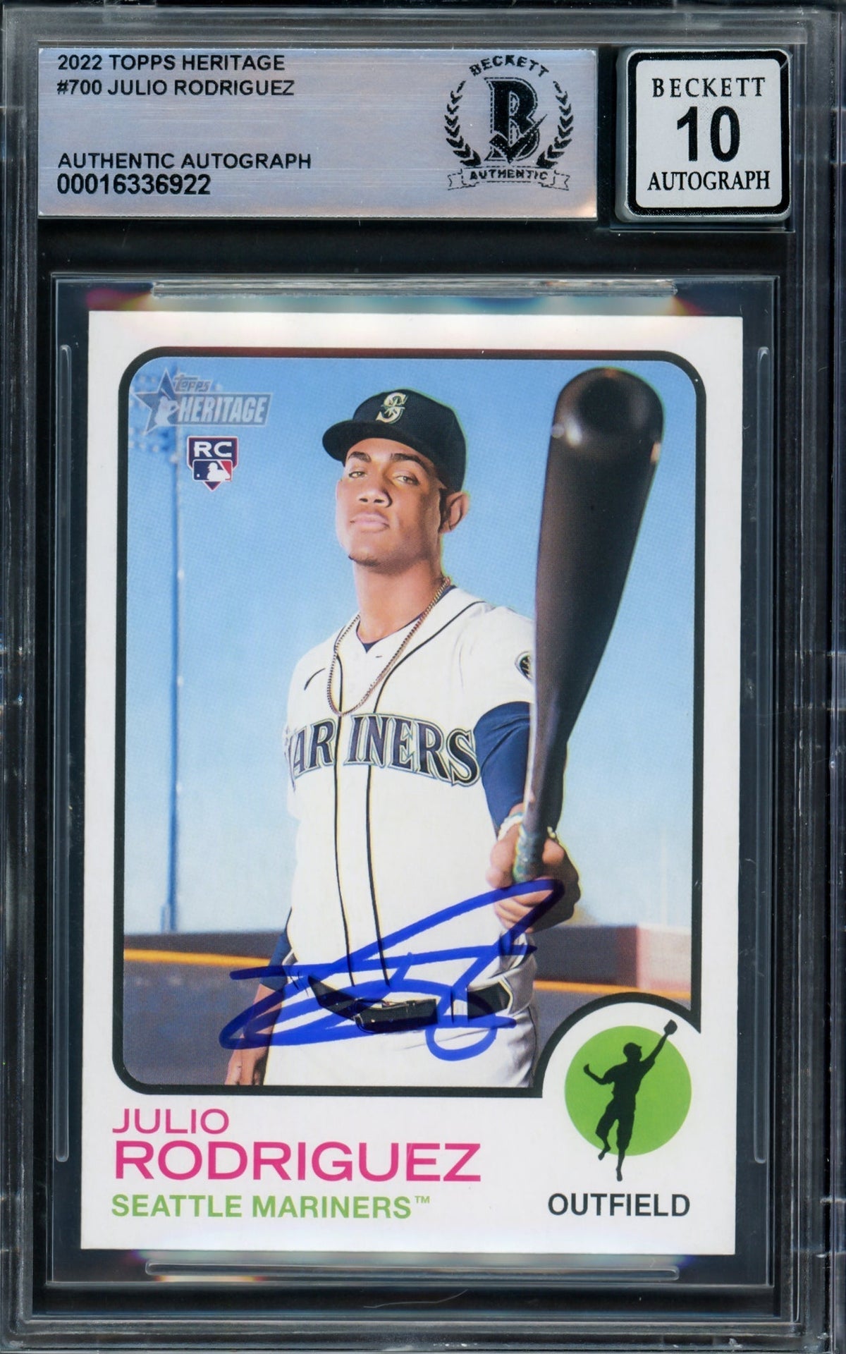 Julio Rodriguez Autographed 2022 Topps Heritage Rookie Card #700 Seattle Mariners Auto Grade Gem Mint 10 Beckett Bas